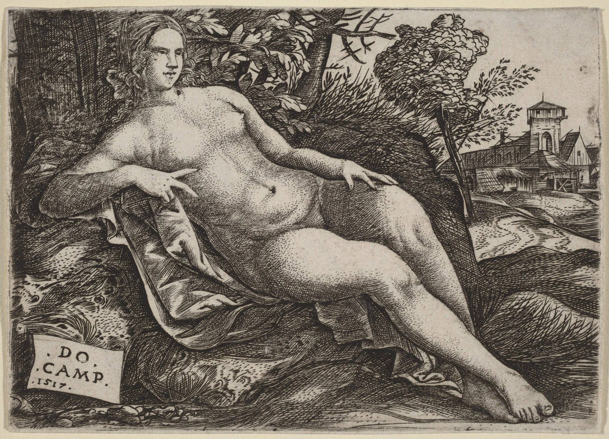 Venus Reclining in a Landscape, by Domenico Campagnola, ink, 1517