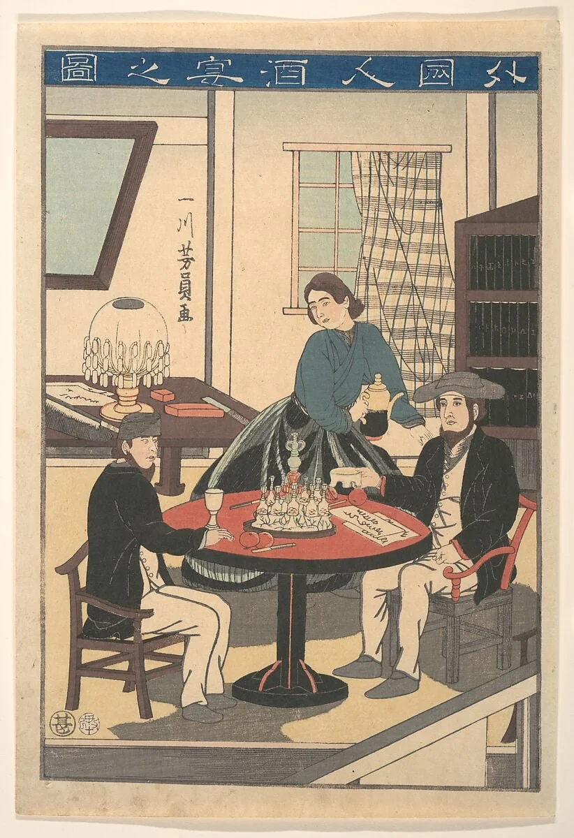 Gaikokujin Sake no zu|A Foreigner's Wine Party (Gaikokujin shuen no zu), from an untitled series of foreigners at home