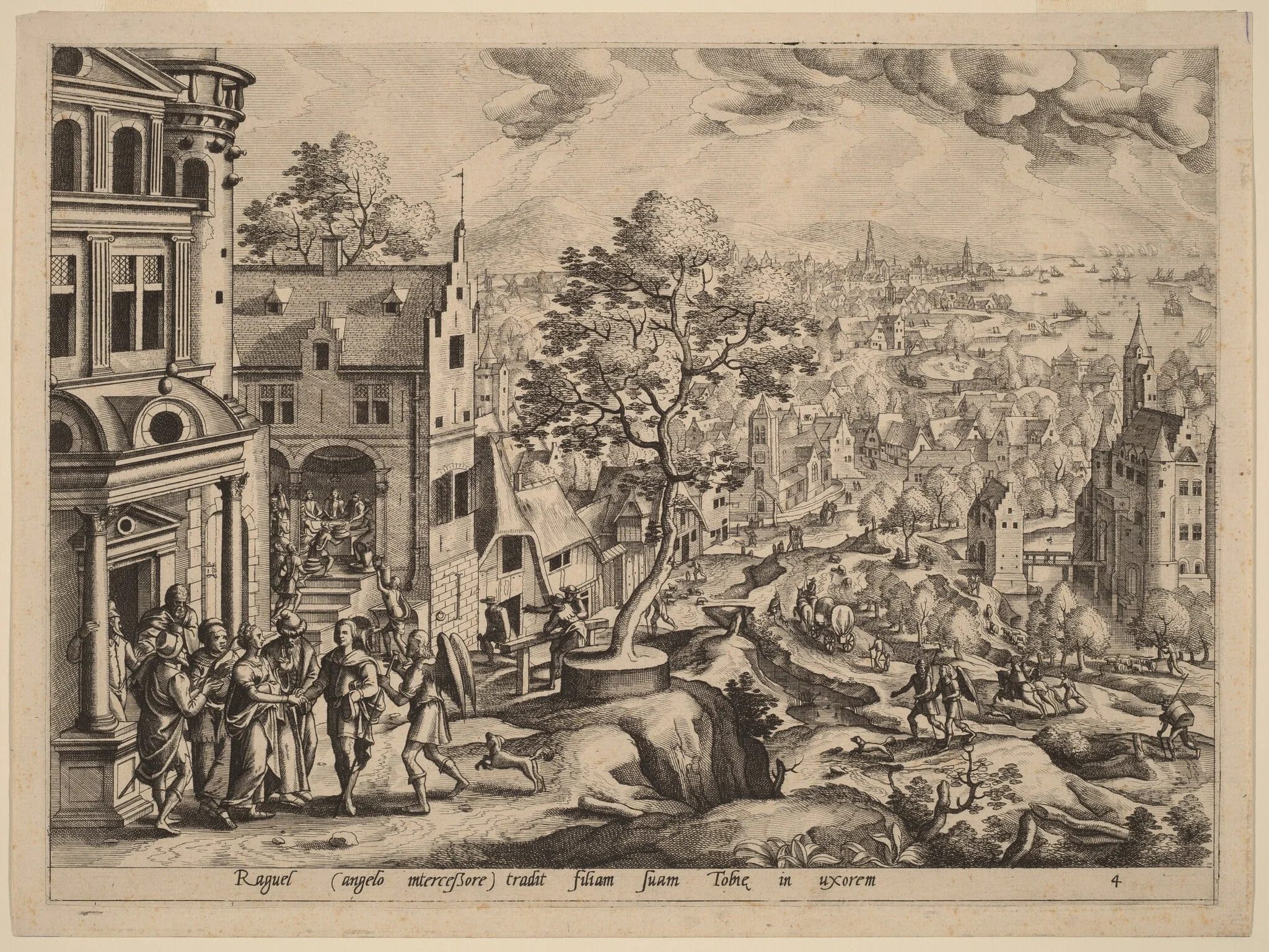 Tobias and the Angel Arriving at Raguel's House, by Johannes van Doetechum the Elder, ink, 1565