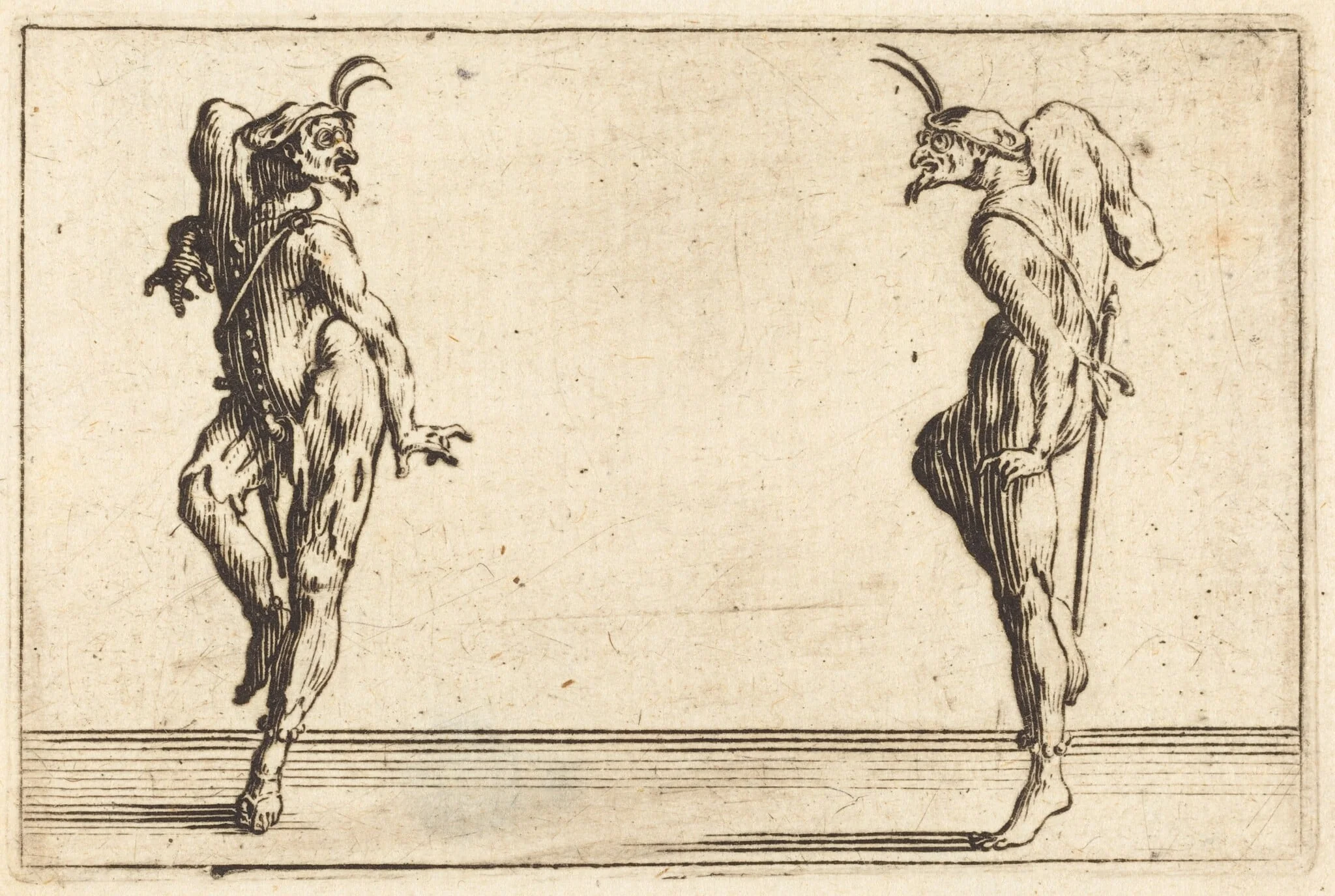 Two Pantaloons Dancing, by Jacques Callot, ink, 1622
