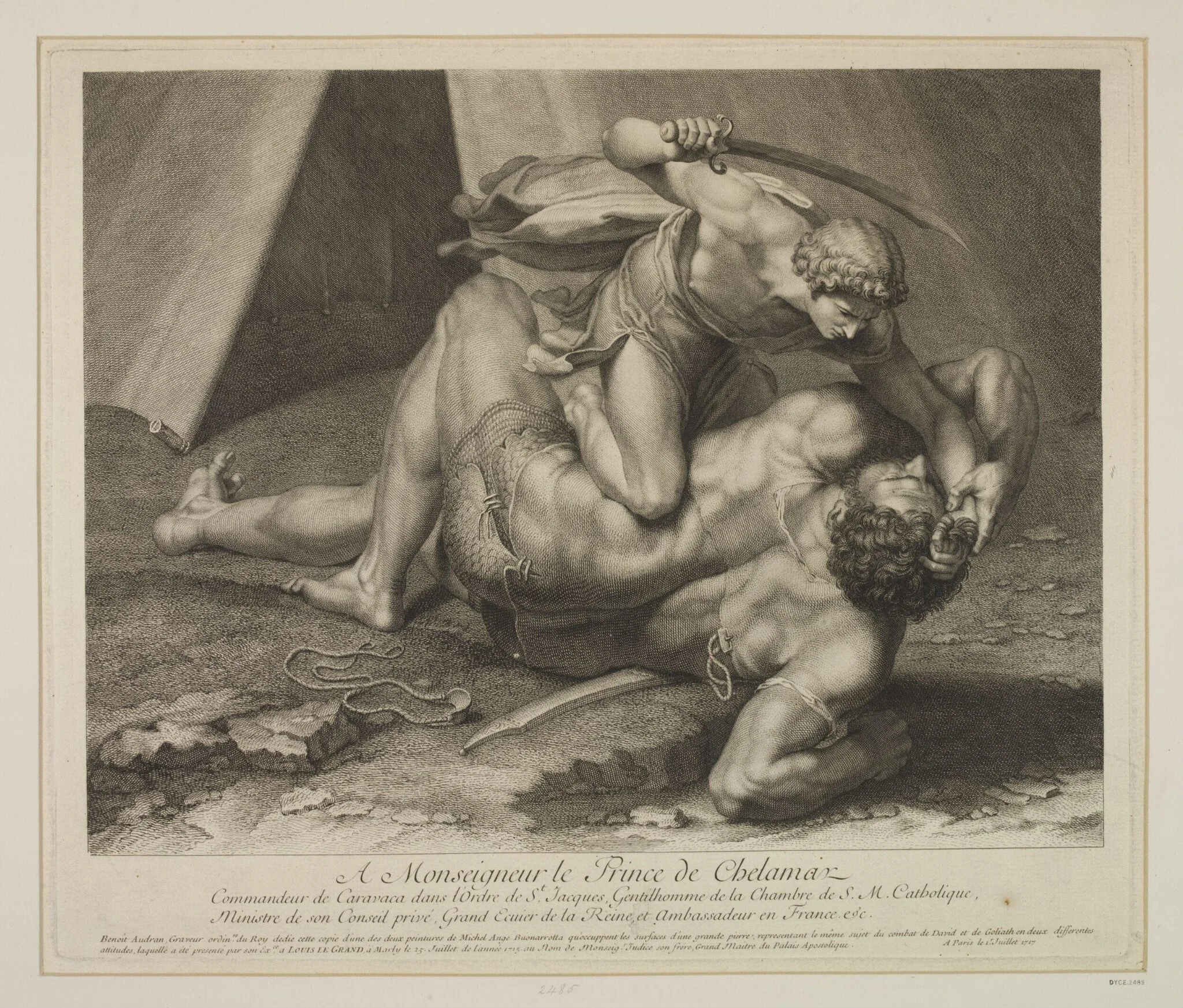 David Slaying Goliath, by Benoît Audran, 1750