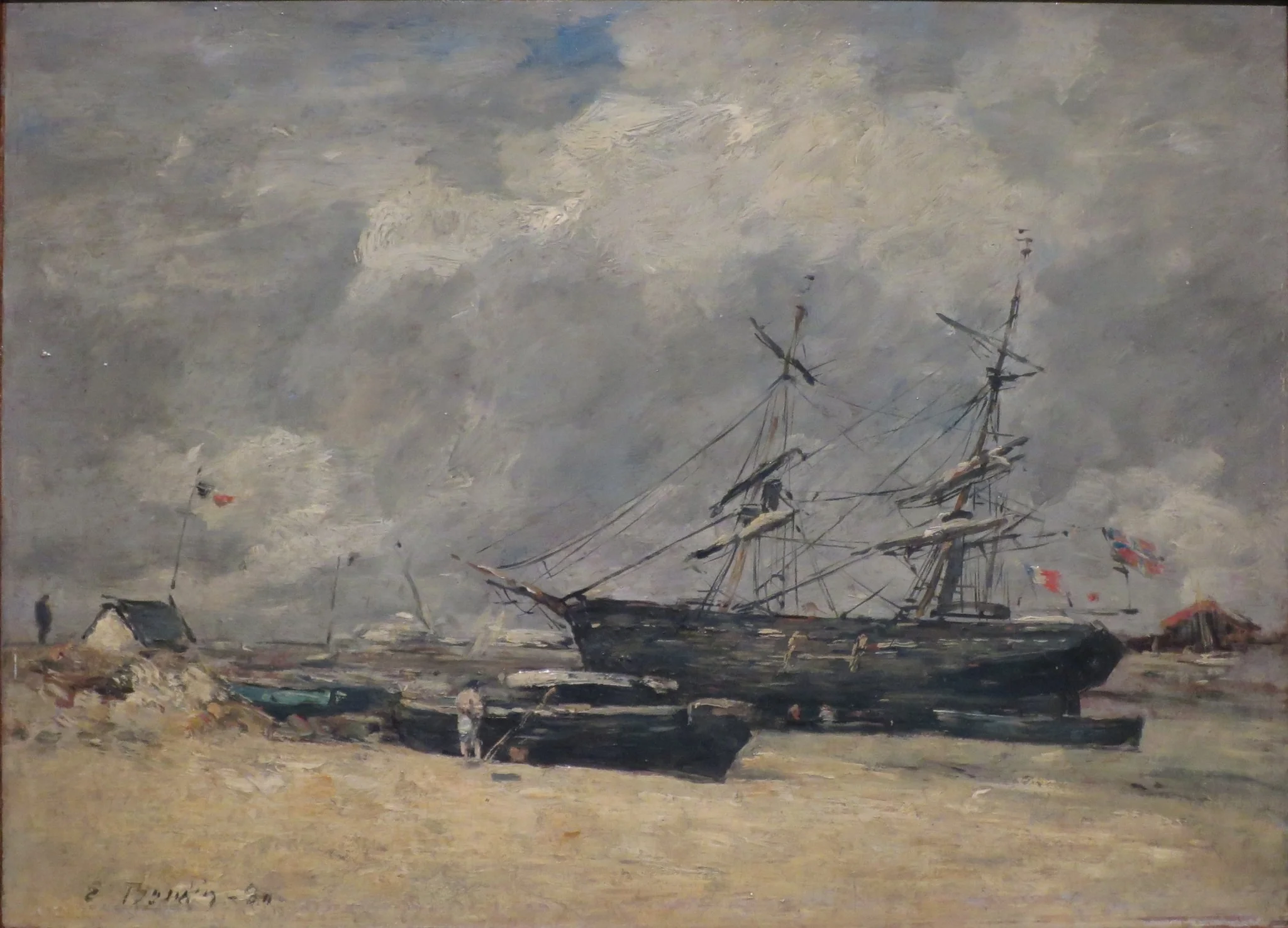 Bateaux de pêche sur la plage. Trouville, marée basse, by Eugène Boudin, oil, 1890