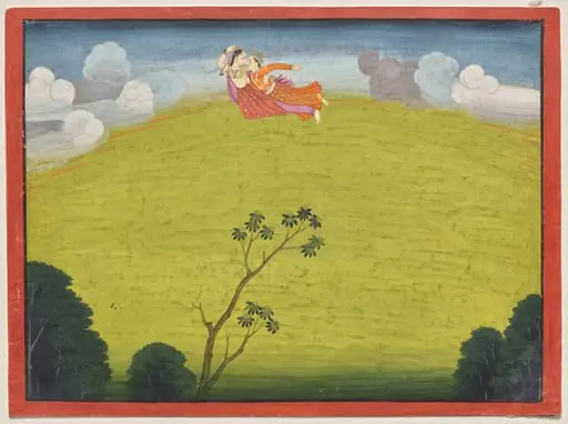 Pradyumna and Mayavati Fly to Dvaraka, from the Large Basohli Bhagavata Purana