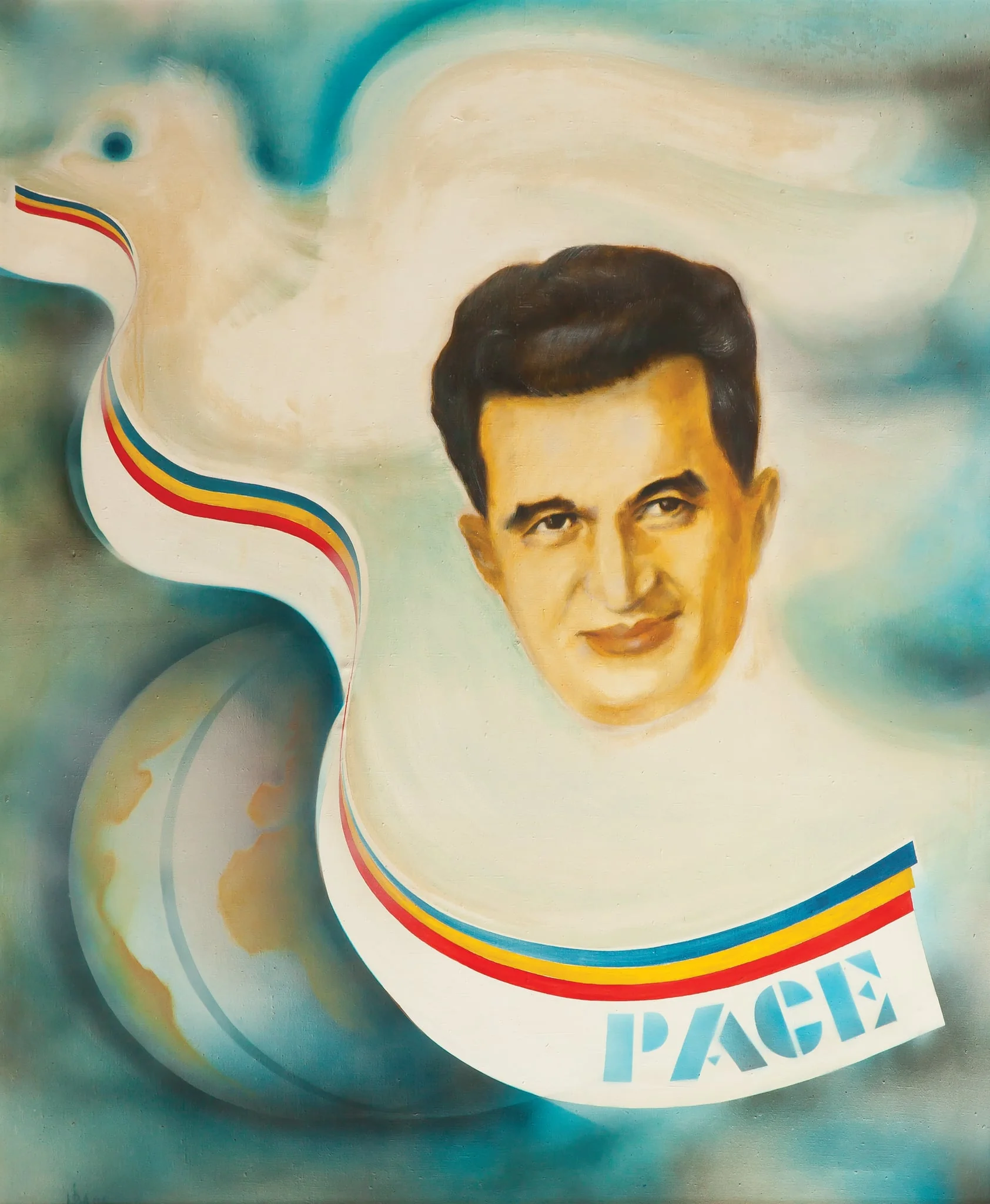 Tablou „Pentru pace, pentru fericirea popoarelor lumii” atribuit lui Simion Mărculescu.Comandat de Comitetul Județean de Partid Galați. 1986., by Simion Mărculescu