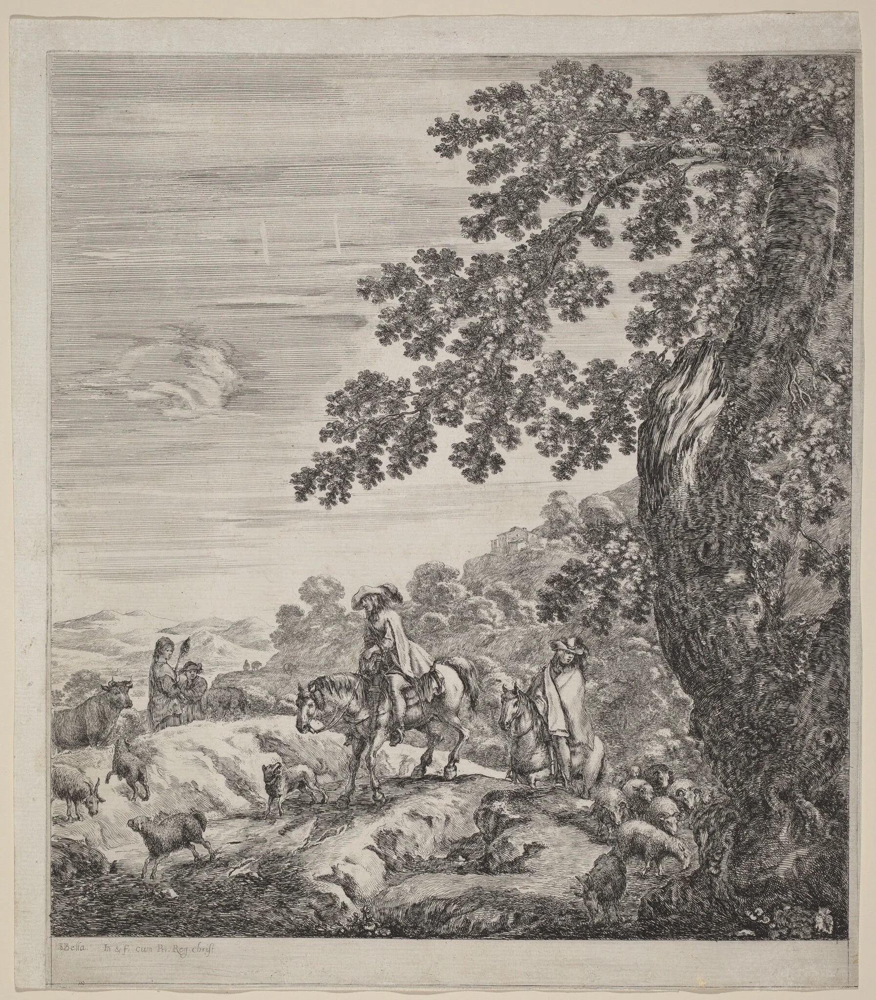 Two Riders Passing Near a Herd of Animals, by Stefano Della Bella, ink, 1656
