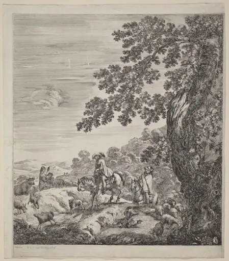 Two Riders Passing Near a Herd of Animals