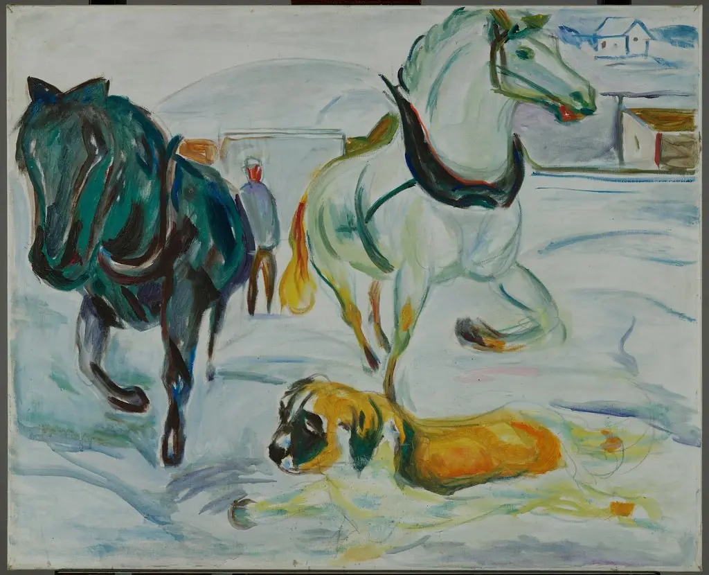 Horse Team and a St. Bernhard in the Snow