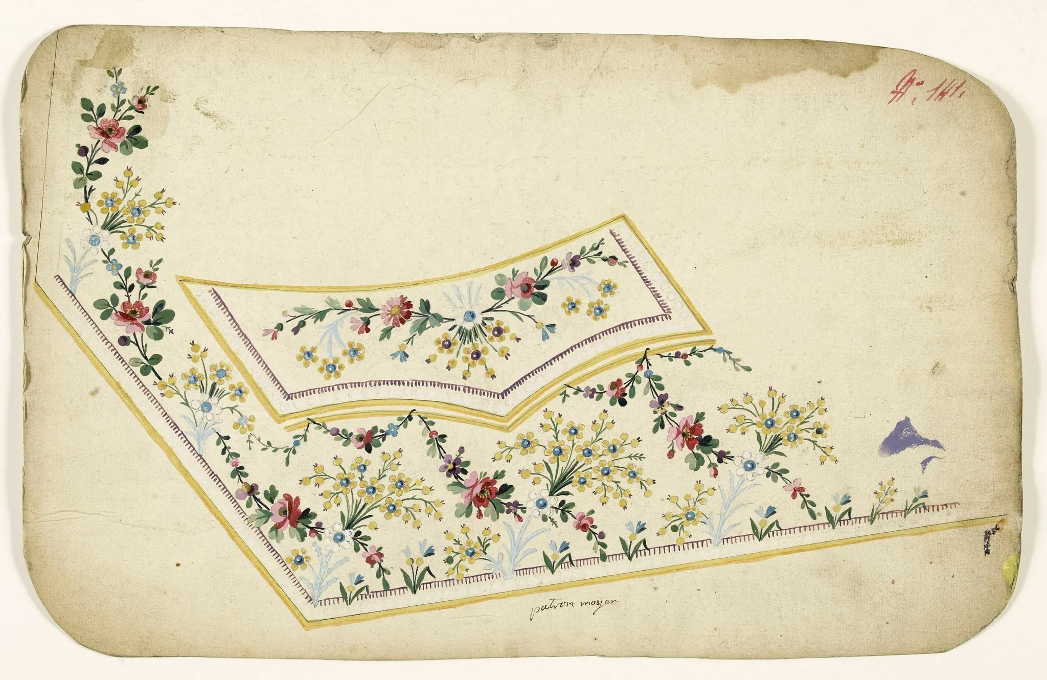 Composition de bouquets de fleurs jaunes, guirlandes de fleurs roses, frises de perles blanches et de franges pourpres et bandes jaunes, projets de broderies de gilet, XVIIIème siècle, by Anonyme, 1750
