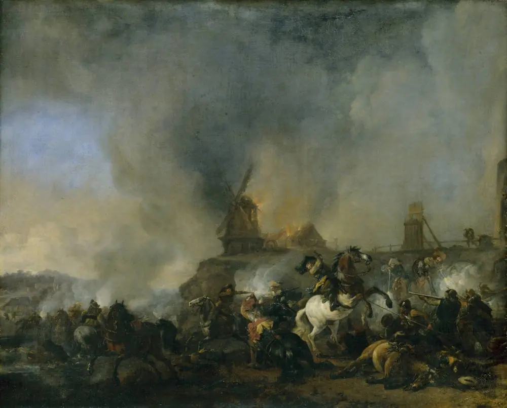 Cavalry in front of a Burning mill