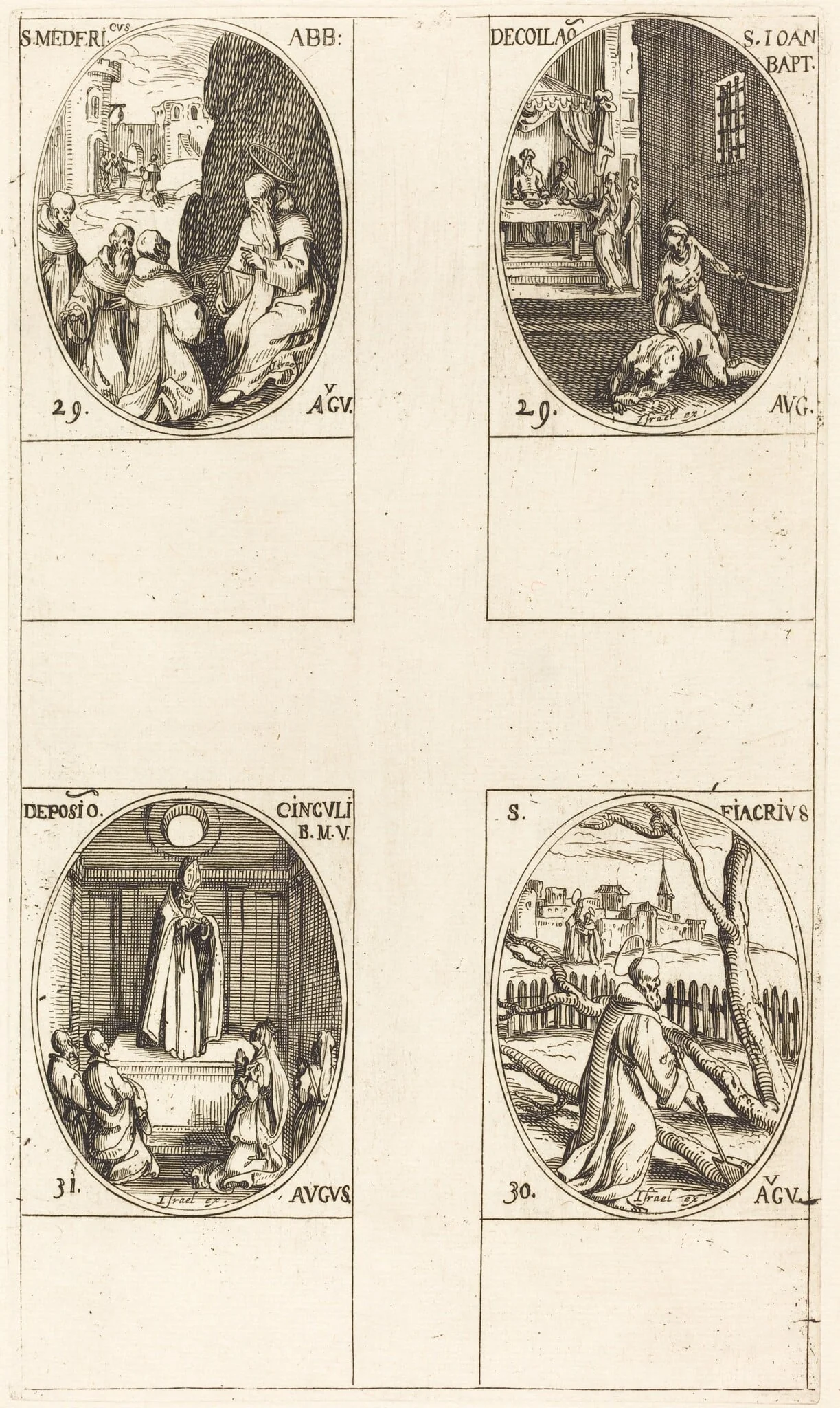 St. Mederic, Abbot; Beheading of John the Baptist; St. Fiacre; Festival of the Belt of the Virgin, by Jacques Callot, ink, 1634