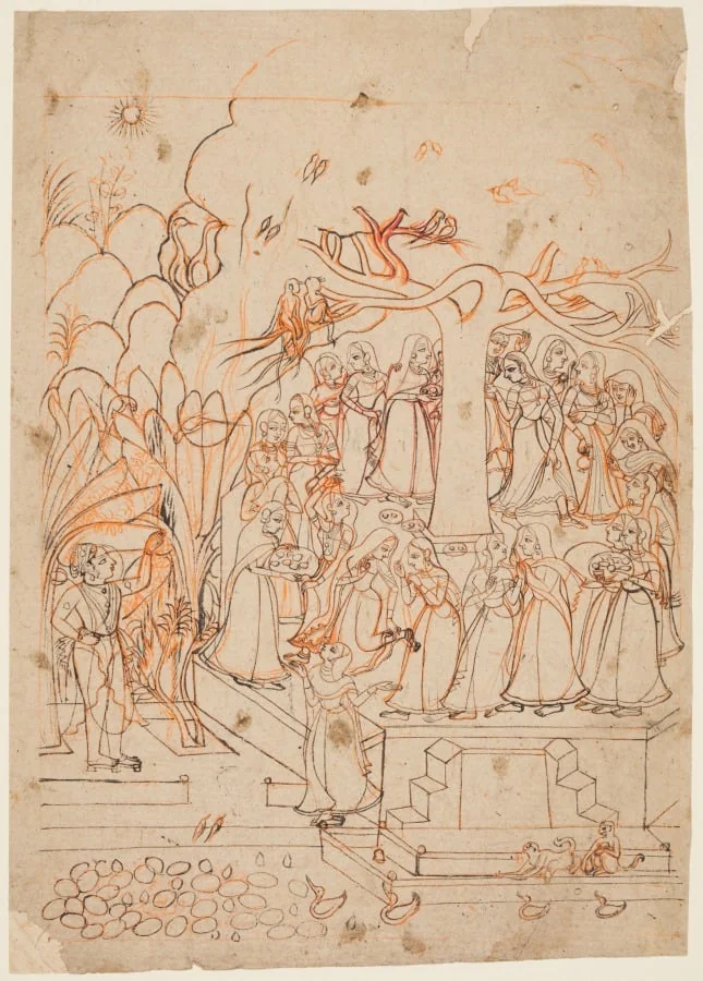 Krishna watches the milkmaids  circumambulating a sacred tree: The month of Jyestha (May–June), from a Barahmasa (The Twelve Months), by Unknown, unspecified, 1760