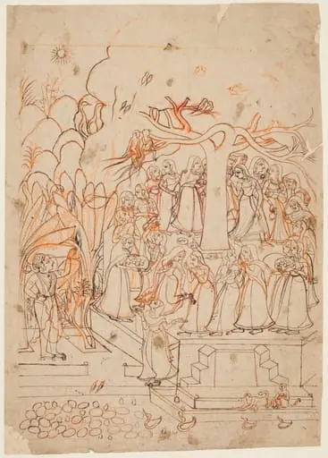 Krishna watches the milkmaids  circumambulating a sacred tree: The month of Jyestha (May–June), from a Barahmasa (The Twelve Months)