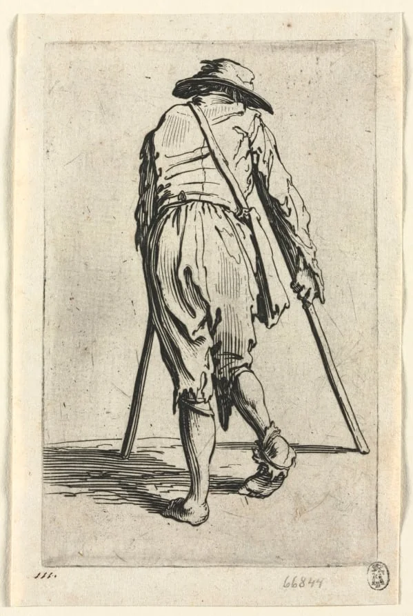 The Beggars: Beggar on Crutches, Wearing a Hat, by Jacques Callot, 1623