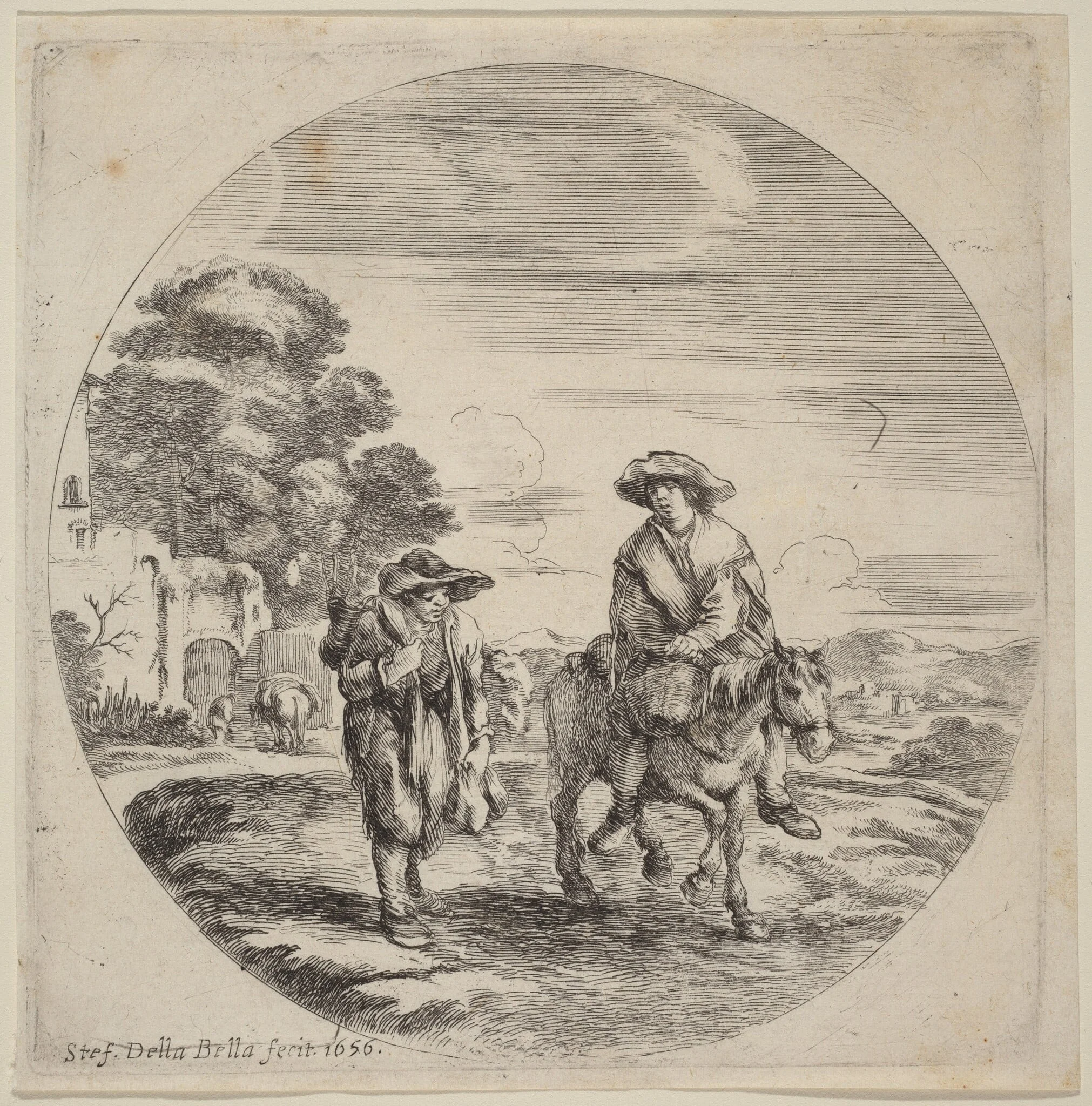 Two Peasants Traveling in a Landscape, by Stefano Della Bella, ink, 1656