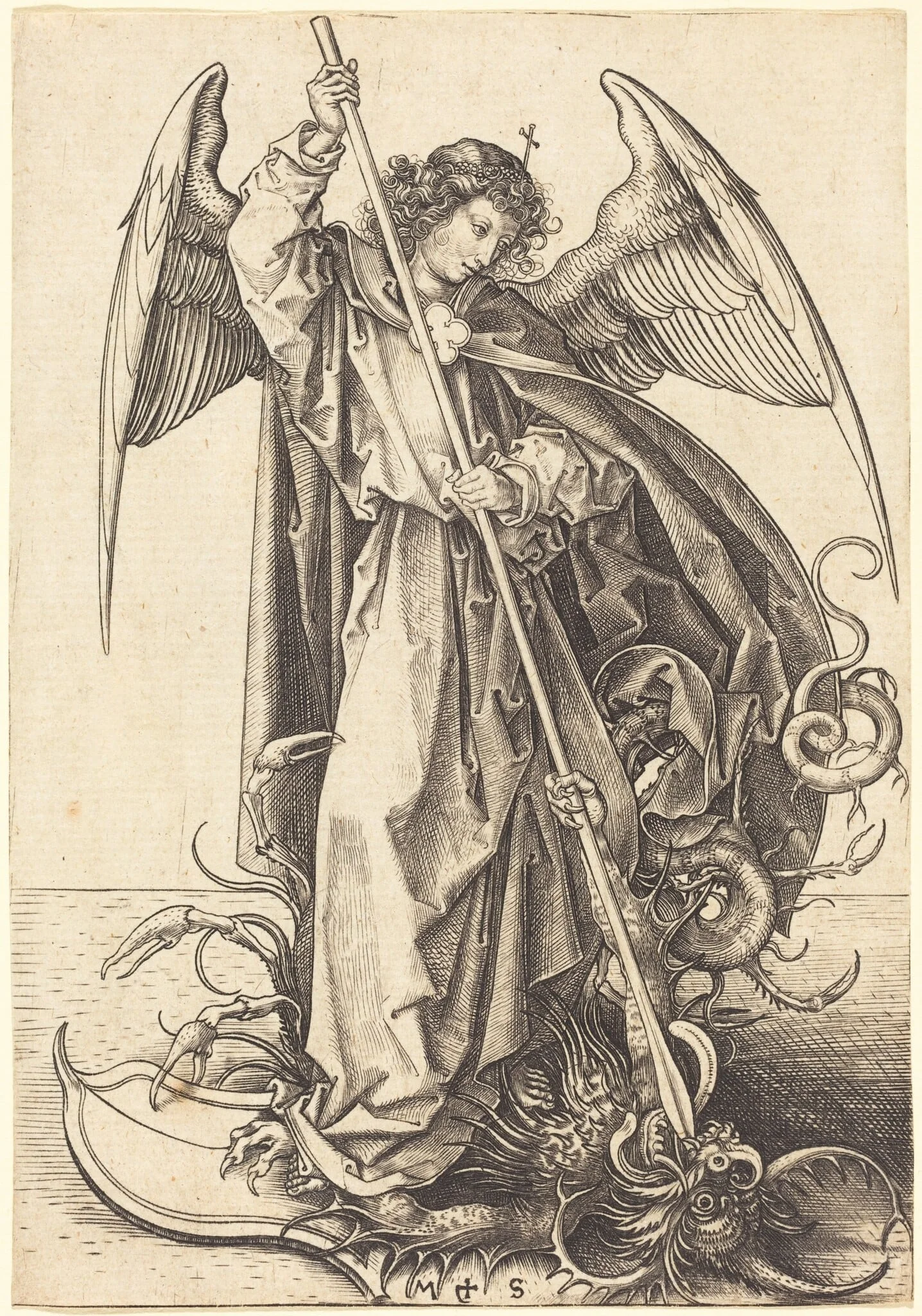 Saint Michael Slaying the Dragon, by Martin Schongauer, ink, 1485