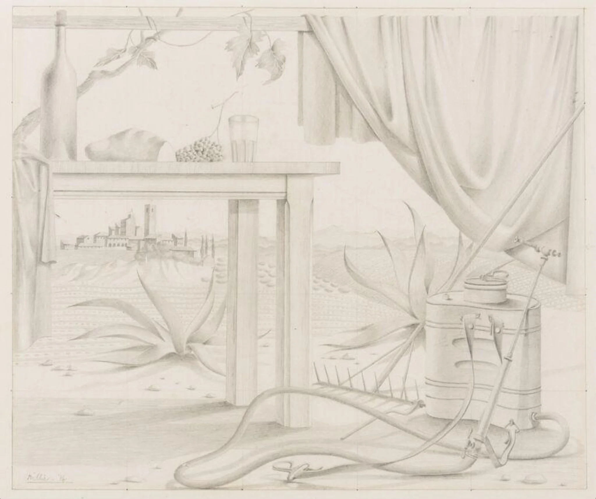 Landscape and still life with table, vine-sprayer and rake