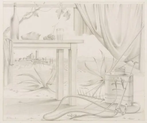 Landscape and still life with table, vine-sprayer and rake