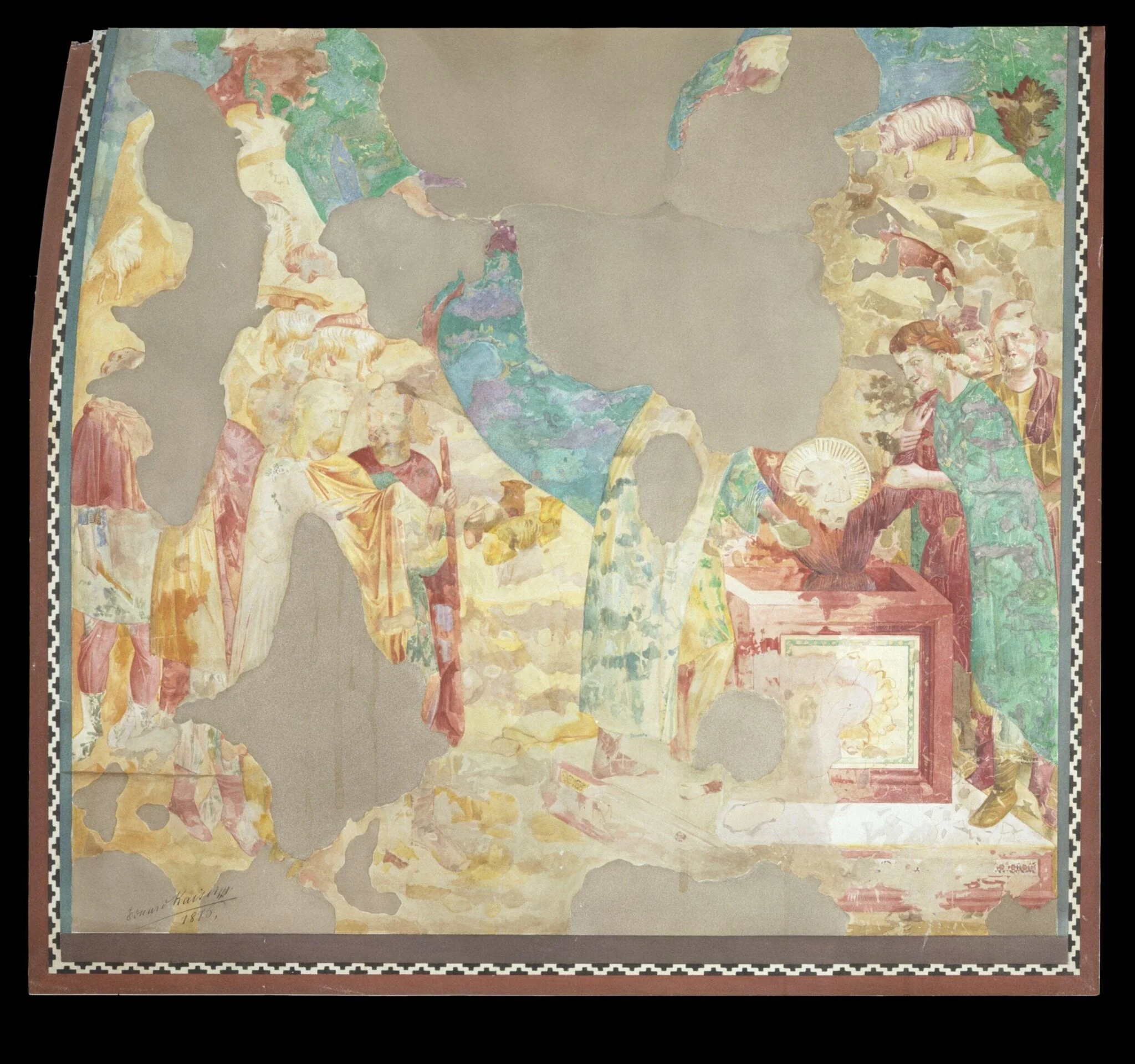 Copy after the painting Joseph and his brothers at  the Well attributed to the Isaac Master in the Upper  Church, San Francesco, Assisi, by Edward Kaiser, watercolor, 1876