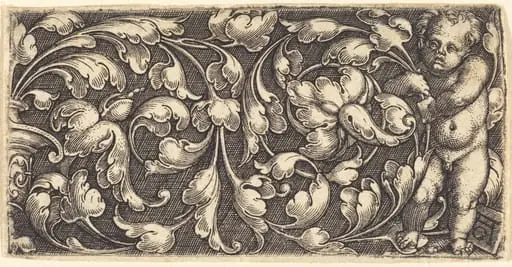 Naked Infant Holding a Double Scroll of  Leafy Ornament
