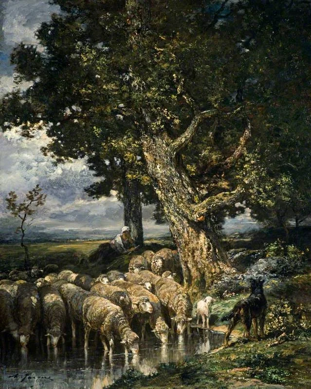Sheep at a Watering Place, by Charles Jacque, oil, 1845