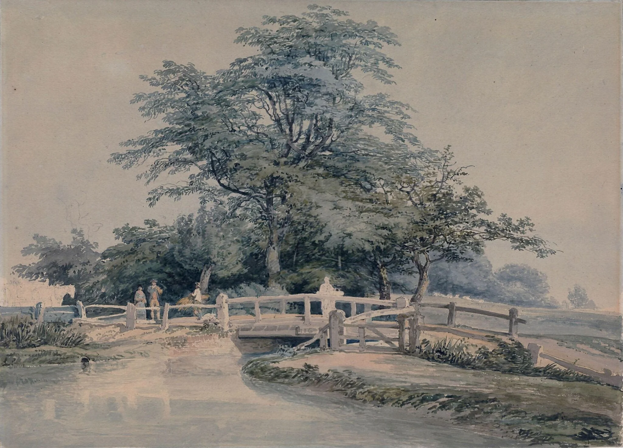 Landscape with trees, figures, bridge and stream, by Joseph Mallord William Turner, watercolor, 1850