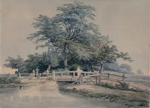 Landscape with trees, figures, bridge and stream