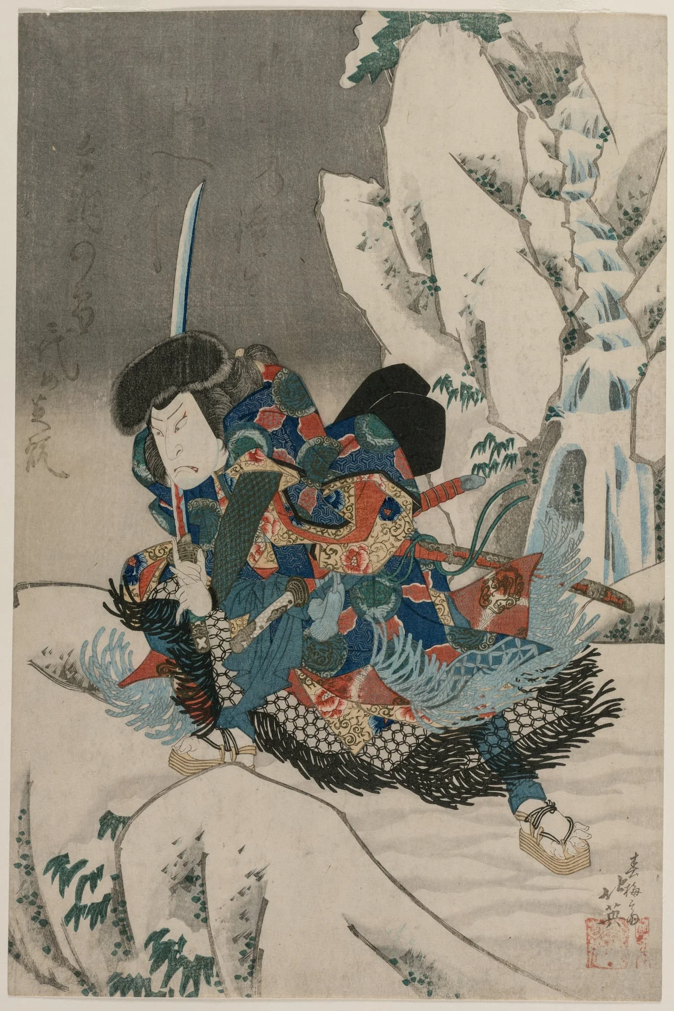 Nakamura Utaemon IV as a Warrior Standing in the Snow, by Shunbaisai Hokuei, 1835