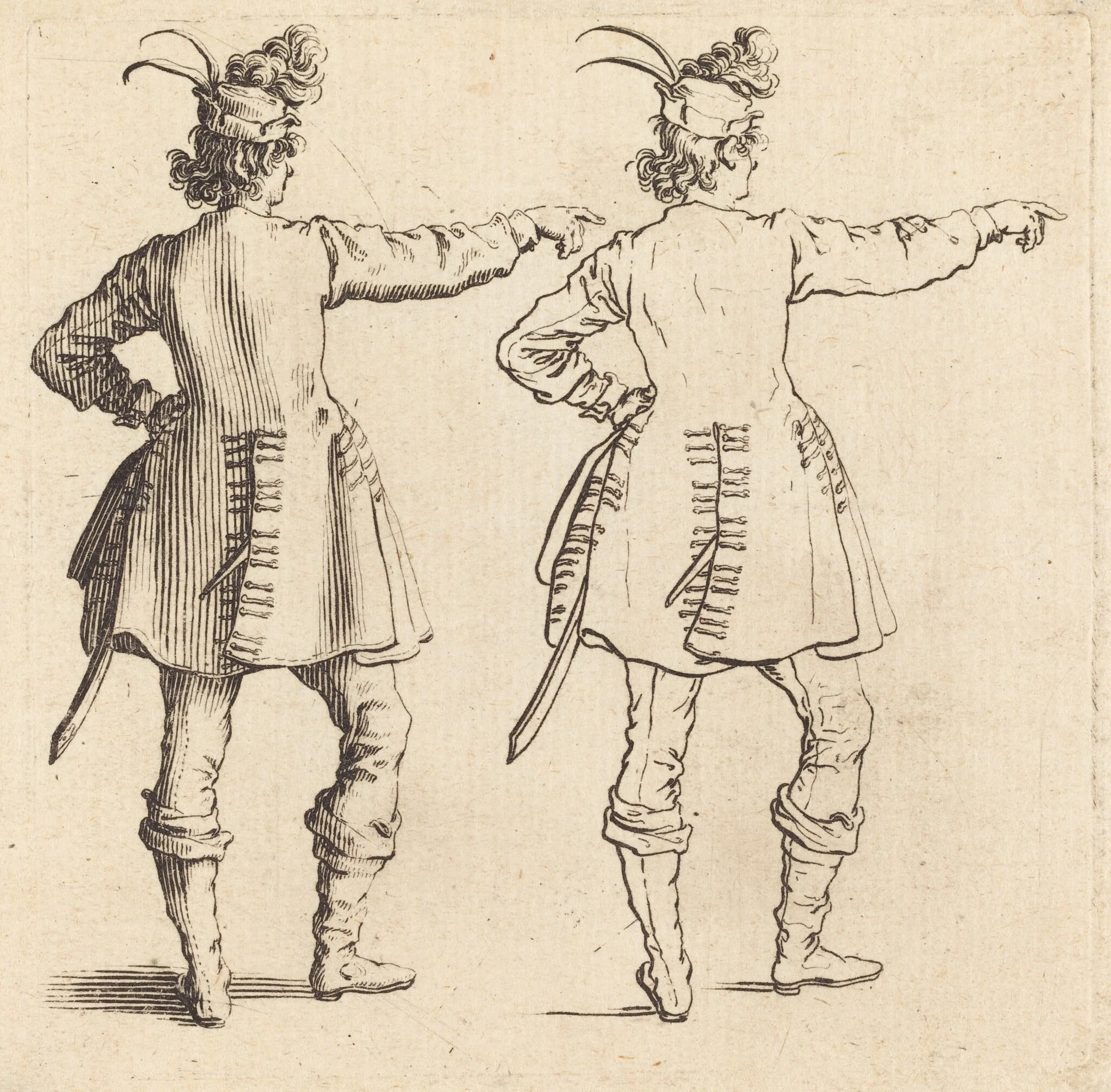 Officer with Feathers in Cap, Seen from Behind, by Jacques Callot, ink, 1622