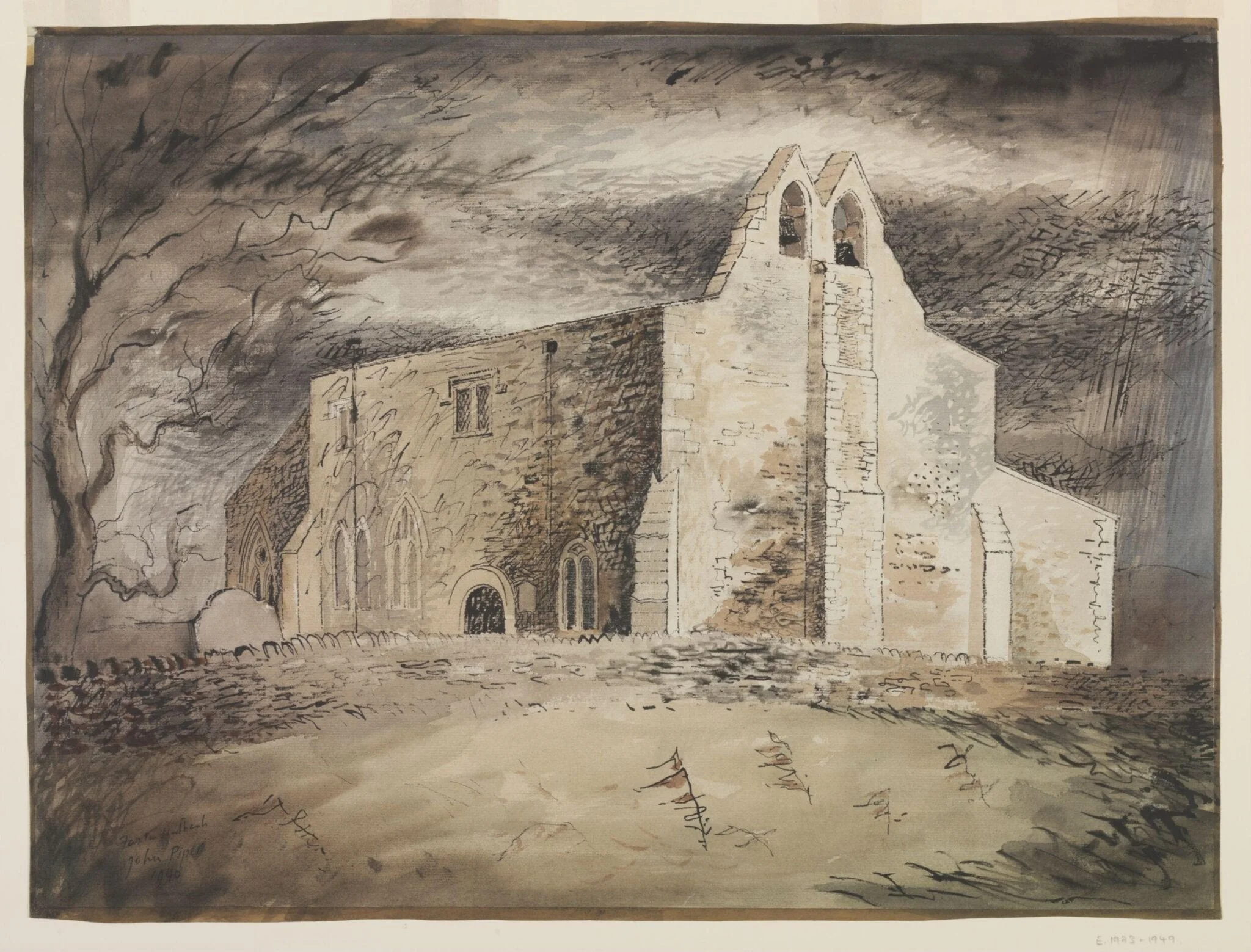 Exterior of the Church of St. Denis, Faxton, by Piper, watercolor, 1940
