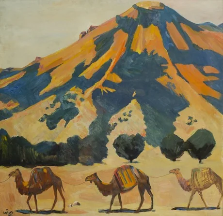 Mountain and passing camels, by Martiros Saryan, oil, 1912
