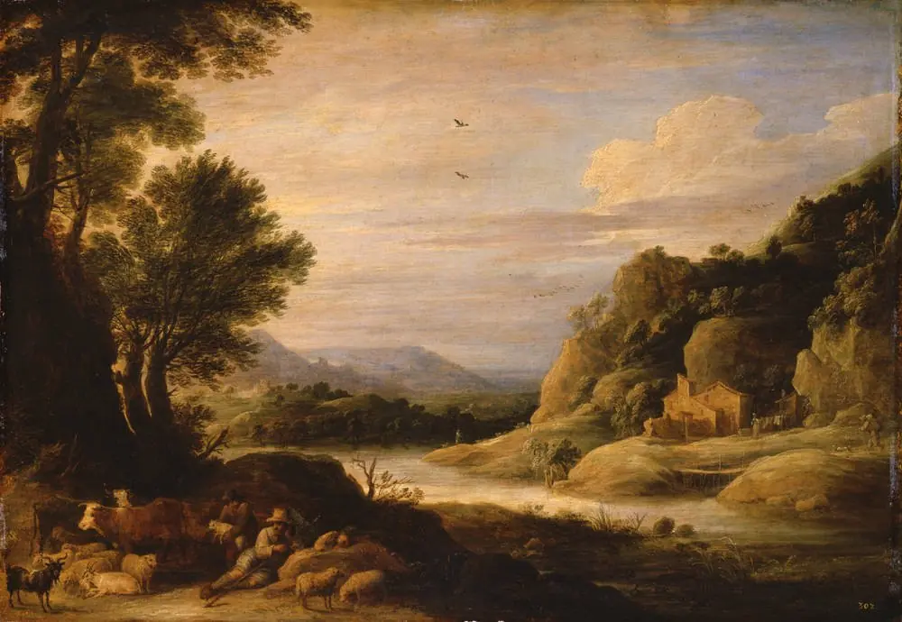 River landscape with resting shepherds and herds
