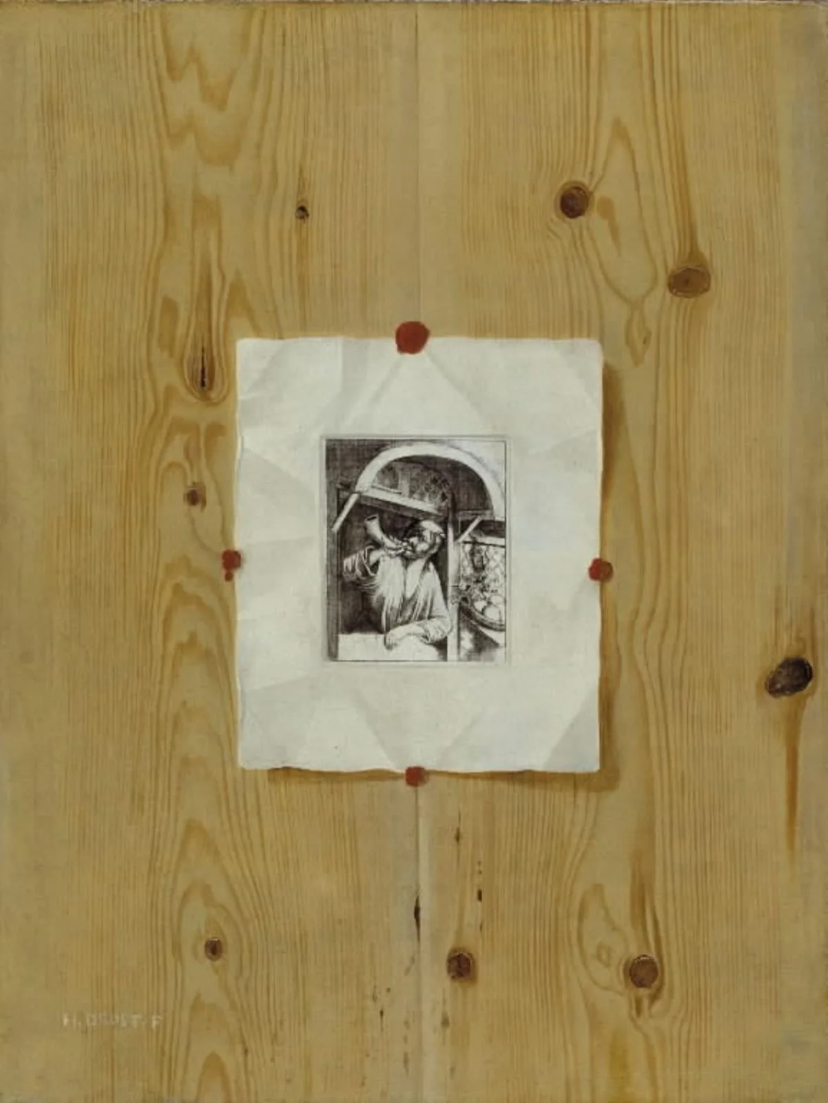 Trompe l'Oeil. Board with an Etching of a Baker Sounding his Horn, by Unknown, 1650