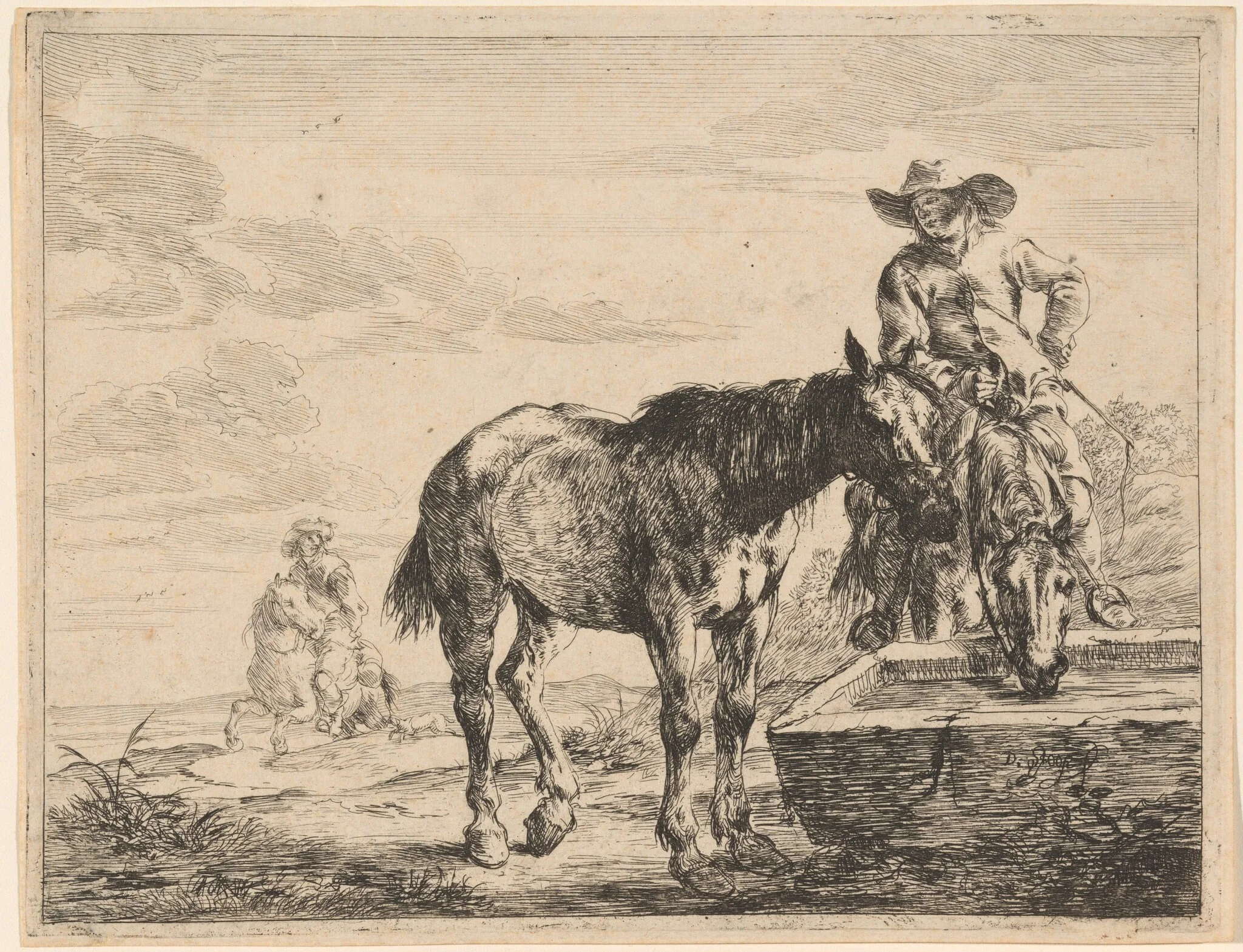 Two Horses Drinking at a Trough, by Dirck Stoop, ink, 1651