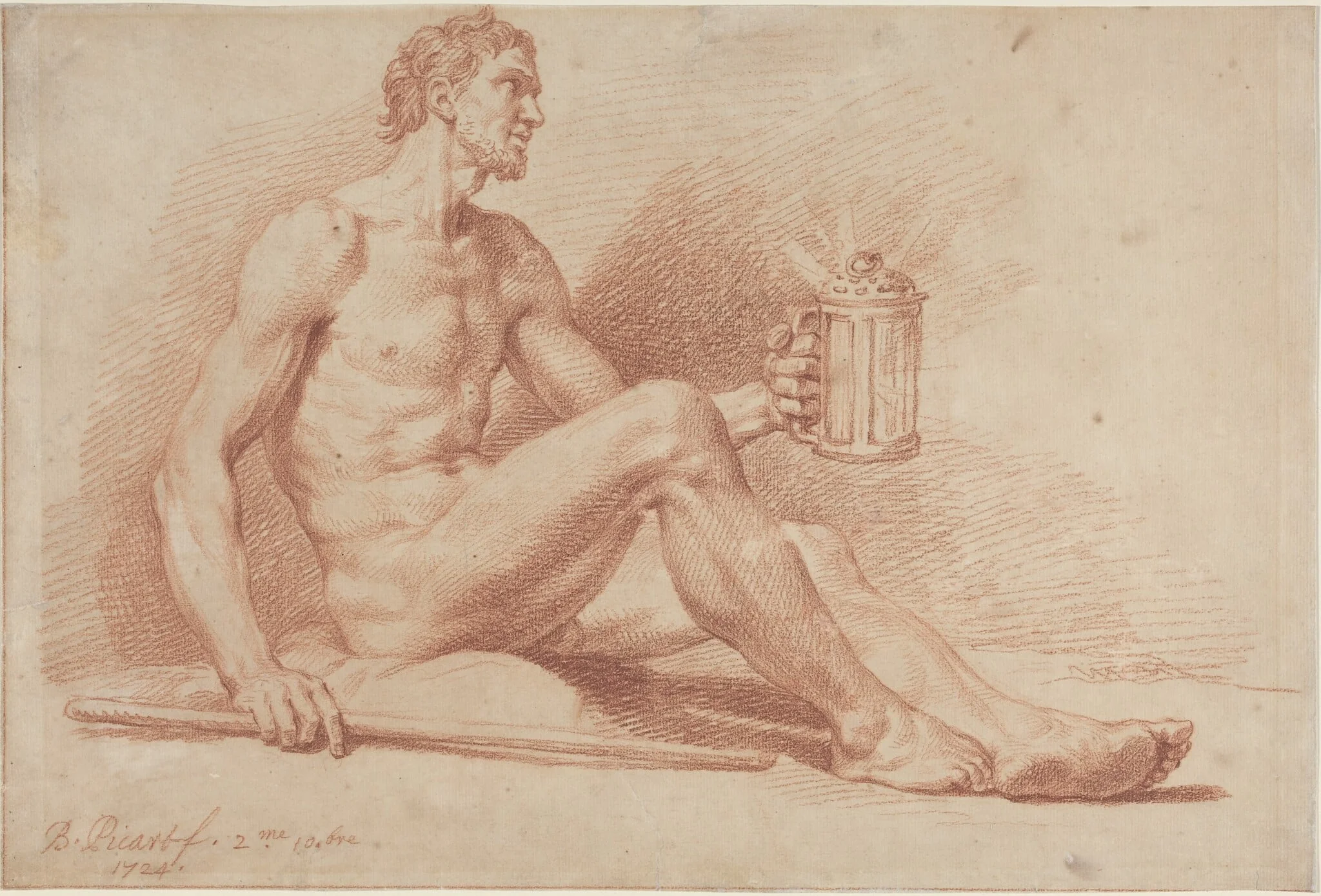 Male Nude with a Lamp (Diogenes), by Bernard Picart, chalk, 1724