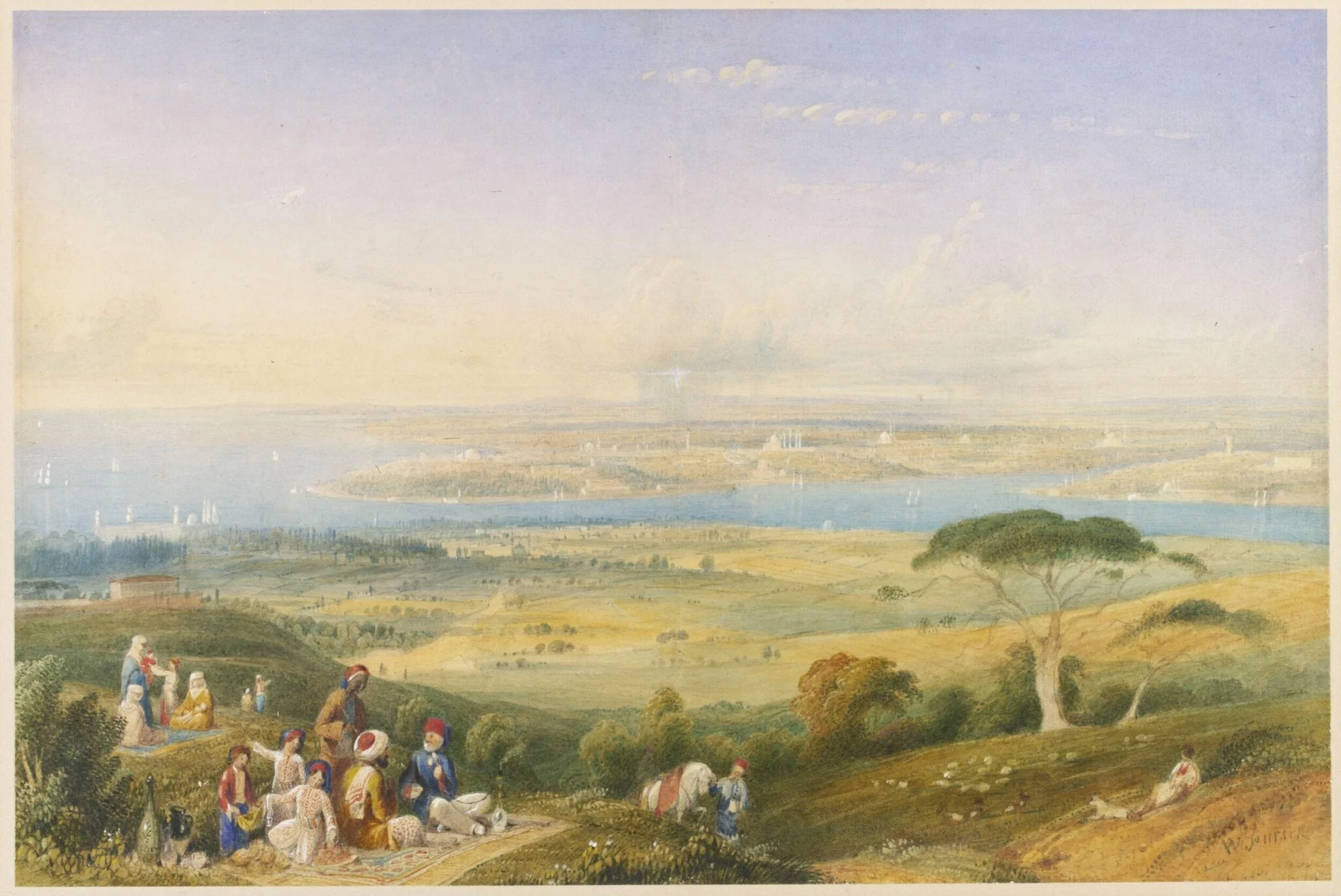 Turks picnicing in fields outside Scutari with a view of Constantinople in the distance