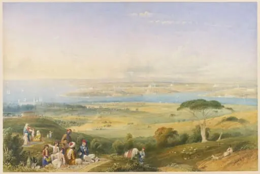Turks picnicing in fields outside Scutari with a view of Constantinople in the distance