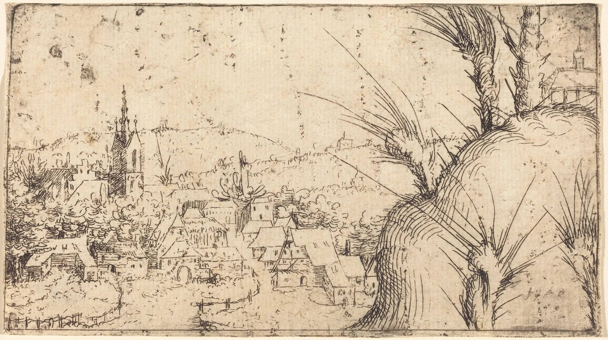 Landscape with a Town at Left, by Augustin Hirschvogel, ink, 1549