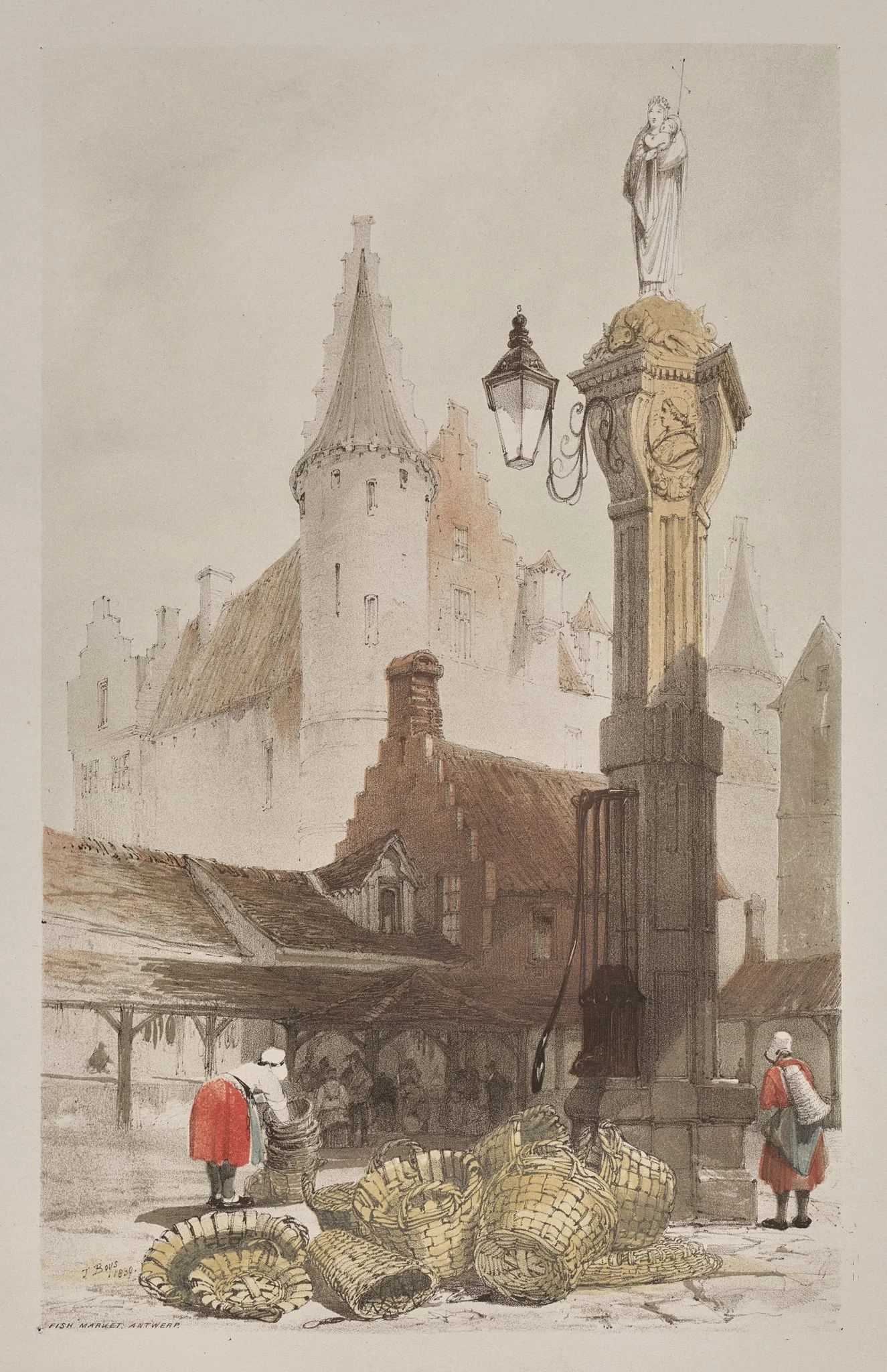 Picturesque Architecture in Paris, Ghent, Antwerp, Rouen:  Fish Market, Antwerp, Belgium, by Thomas Shotter Boys, 1839