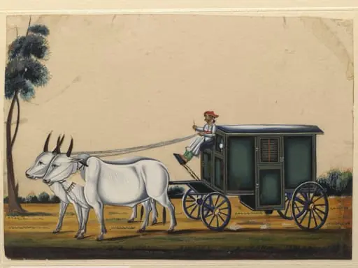 A closed carriage drawn by bullocks