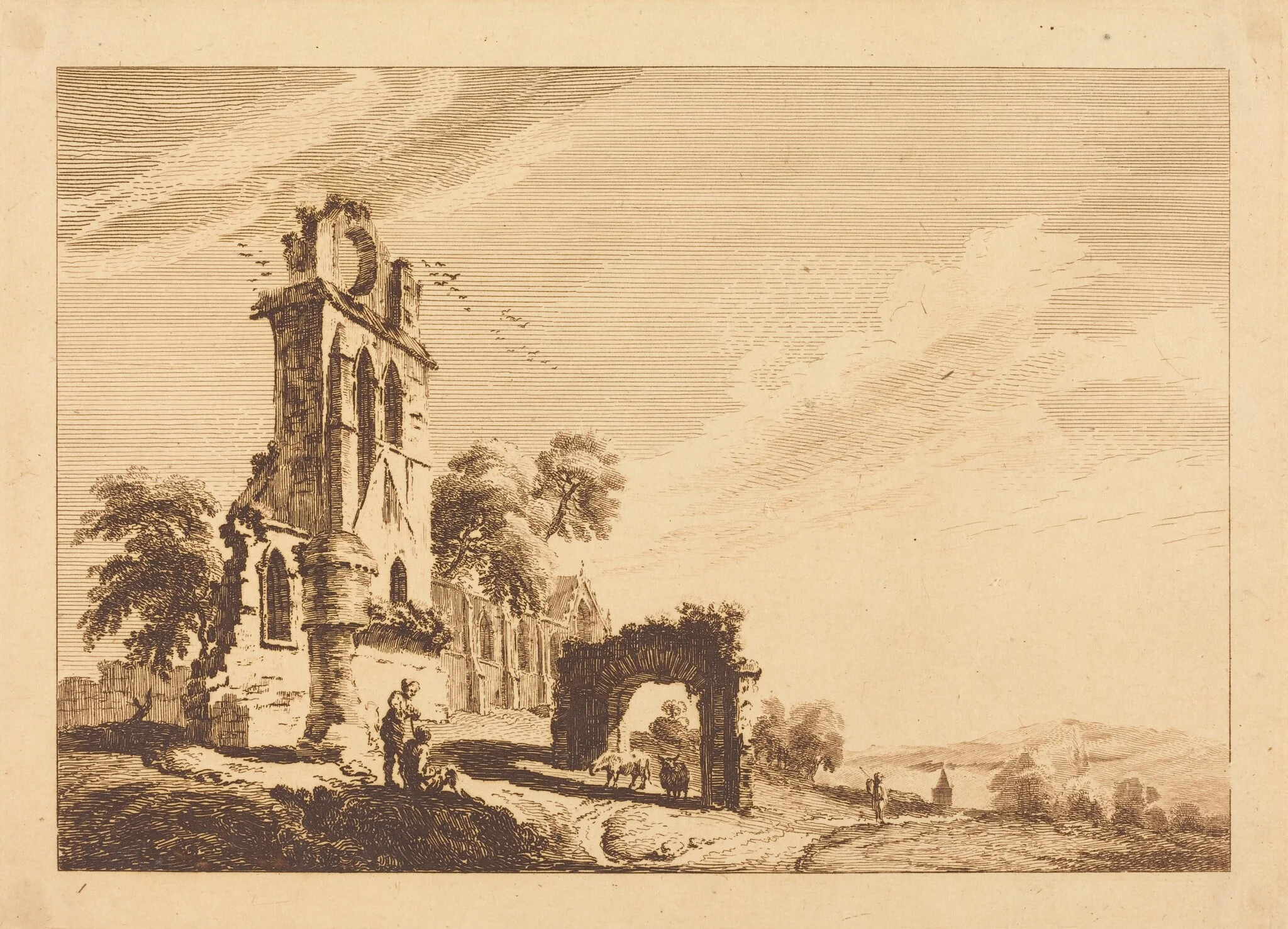 Ruined Abbey, by Paul Sandby, ink, 1758
