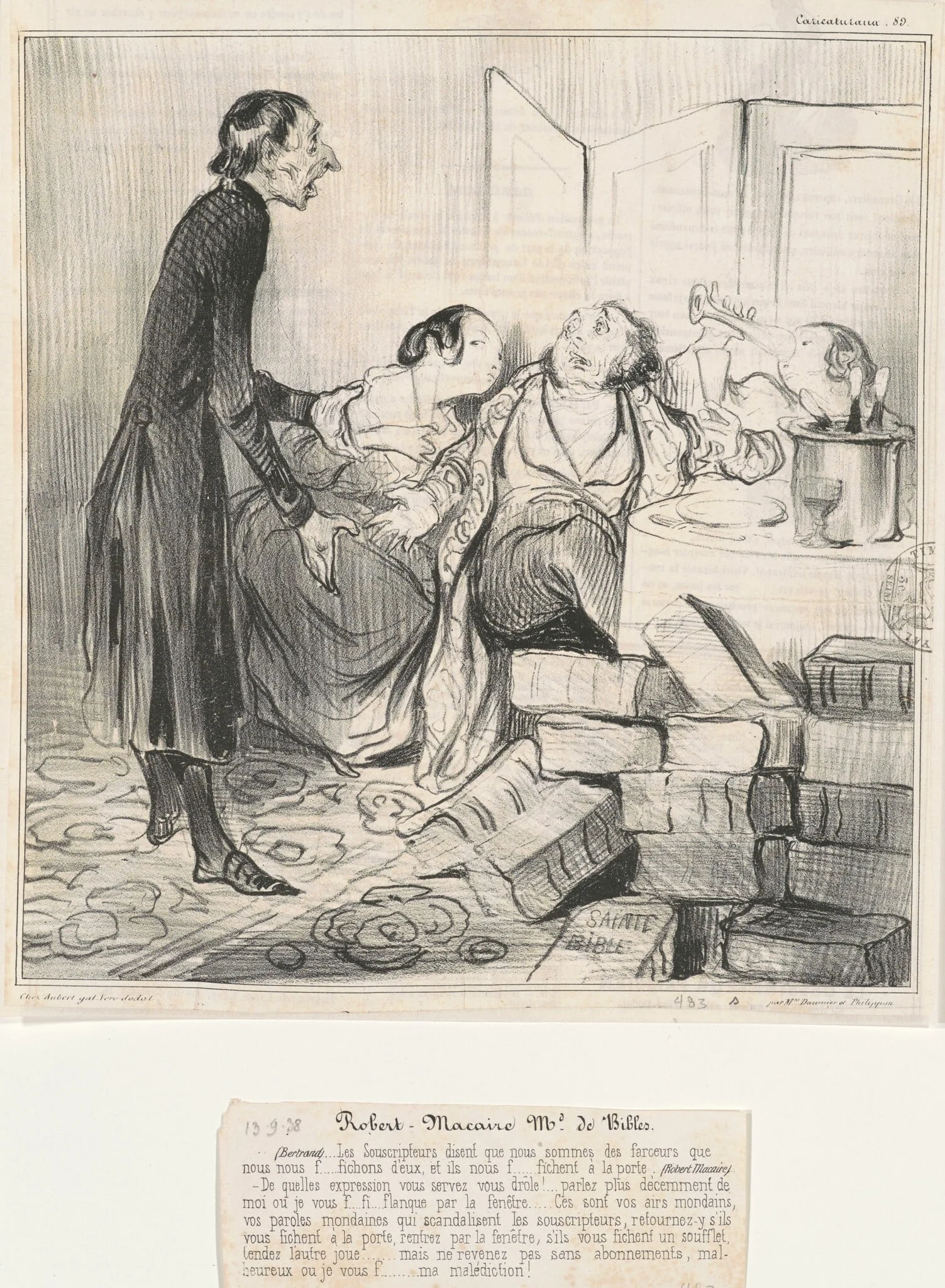 Robert Macaire Md de Bibles, by Honoré Daumier, ink, 1838