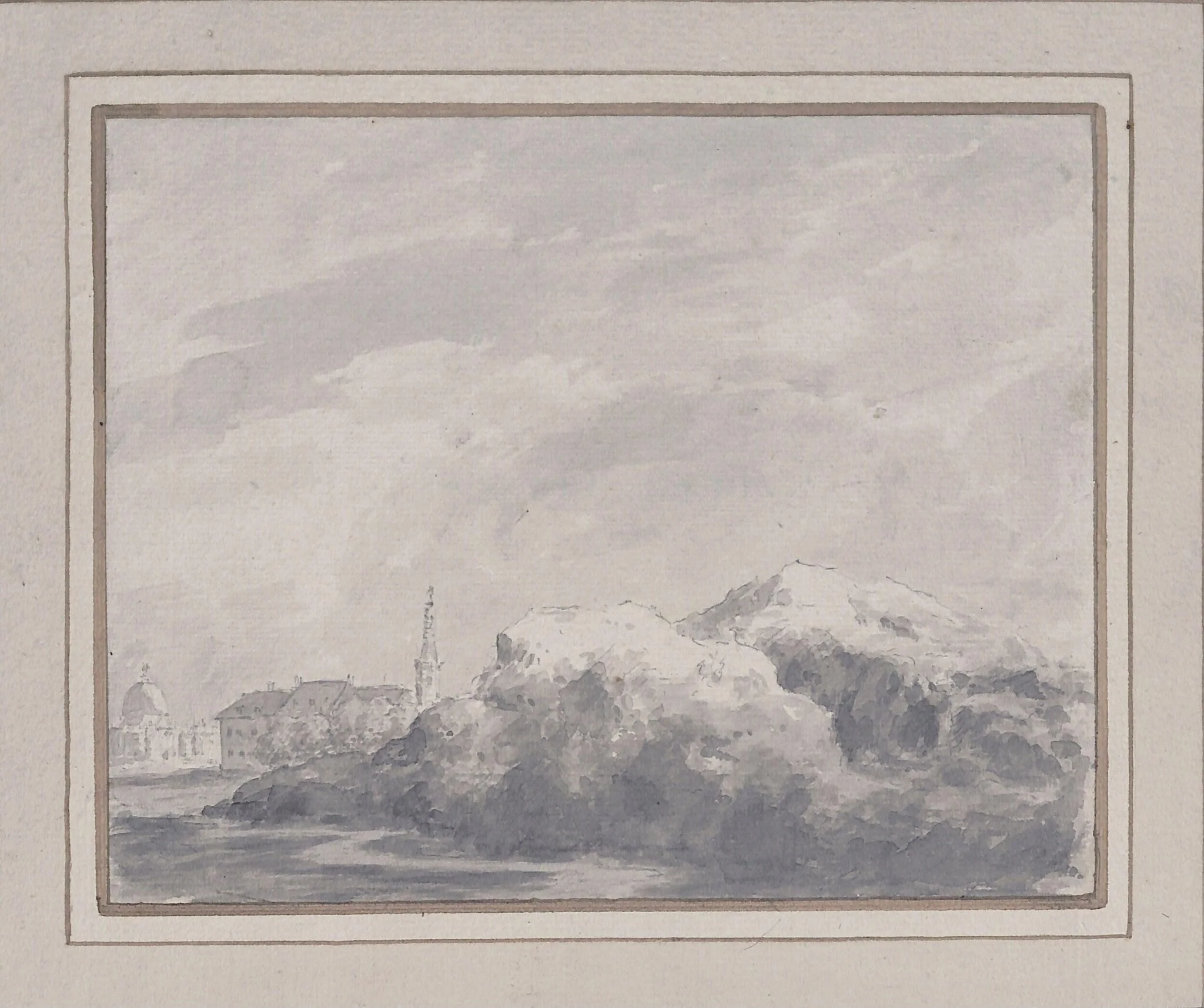 Rocks with distant village, by Robert Price, 1745