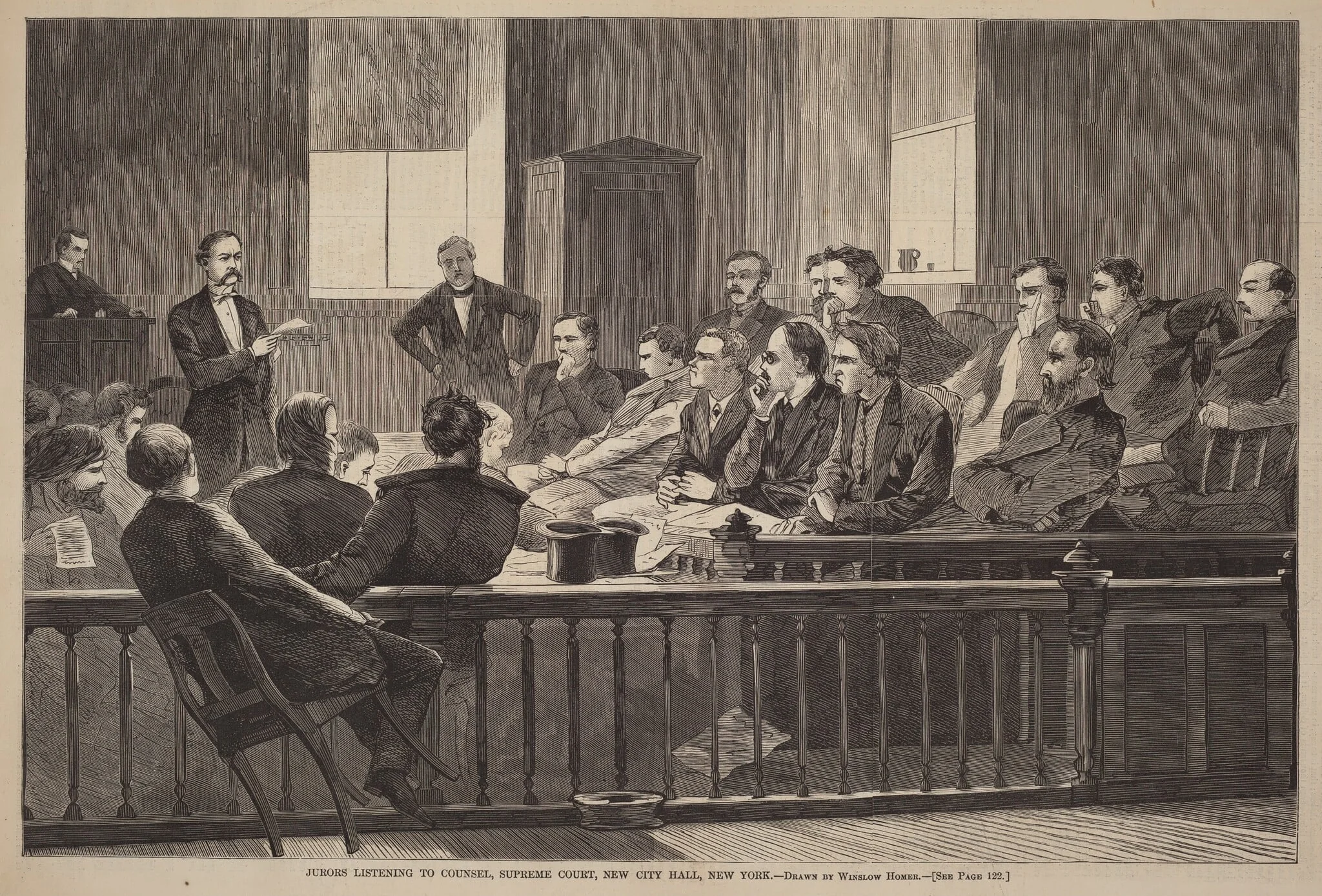 Jurors Listening to Counsel, Supreme Court, New City Hall, New York, by American 19th Century, ink, 1869