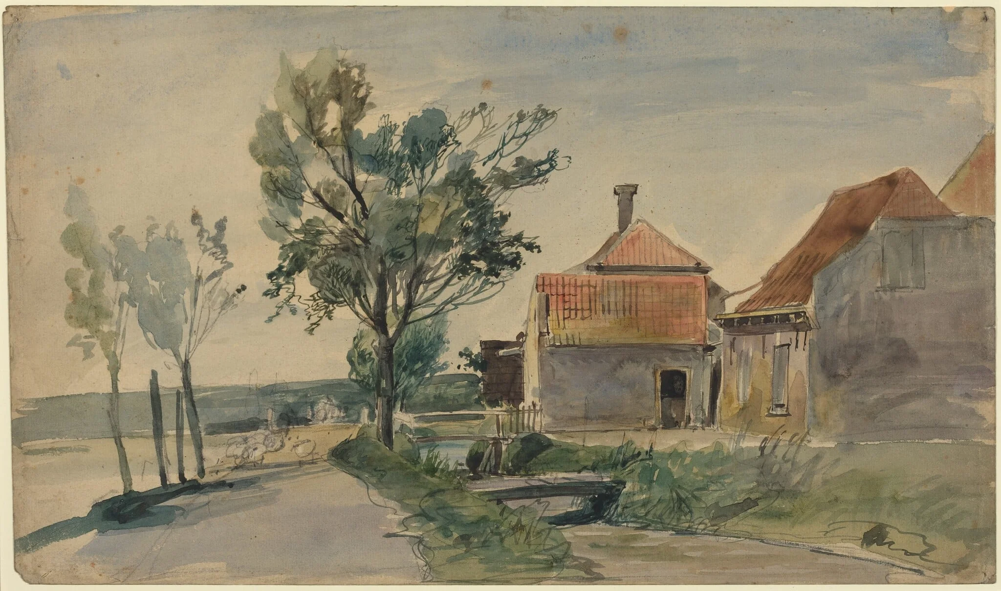 A Stream Running between Houses and a Road, by Johan Barthold Jongkind, graphite, 1855