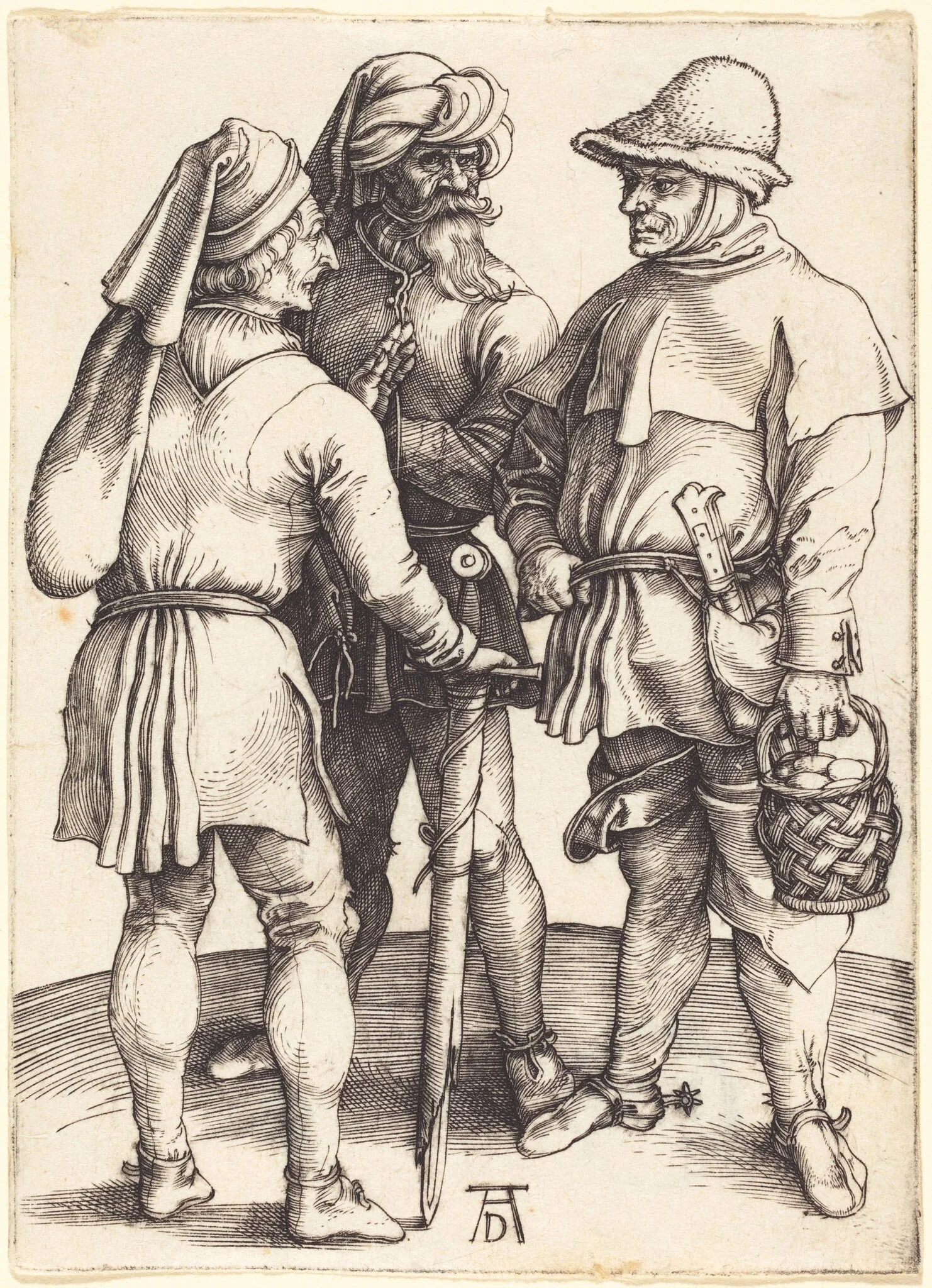 Three Peasants in Conversation, by Albrecht Dürer, ink, 1497