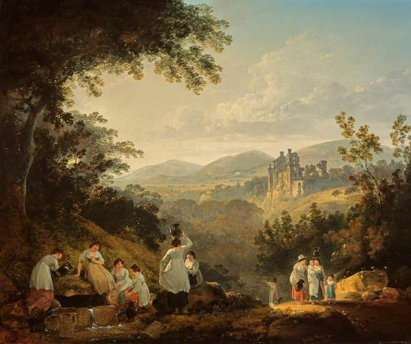View of Rosslyn Castle from the grounds of Sheriff Clerk (Mavisbank), by Julius Caesar Ibbetson, oil, 1803