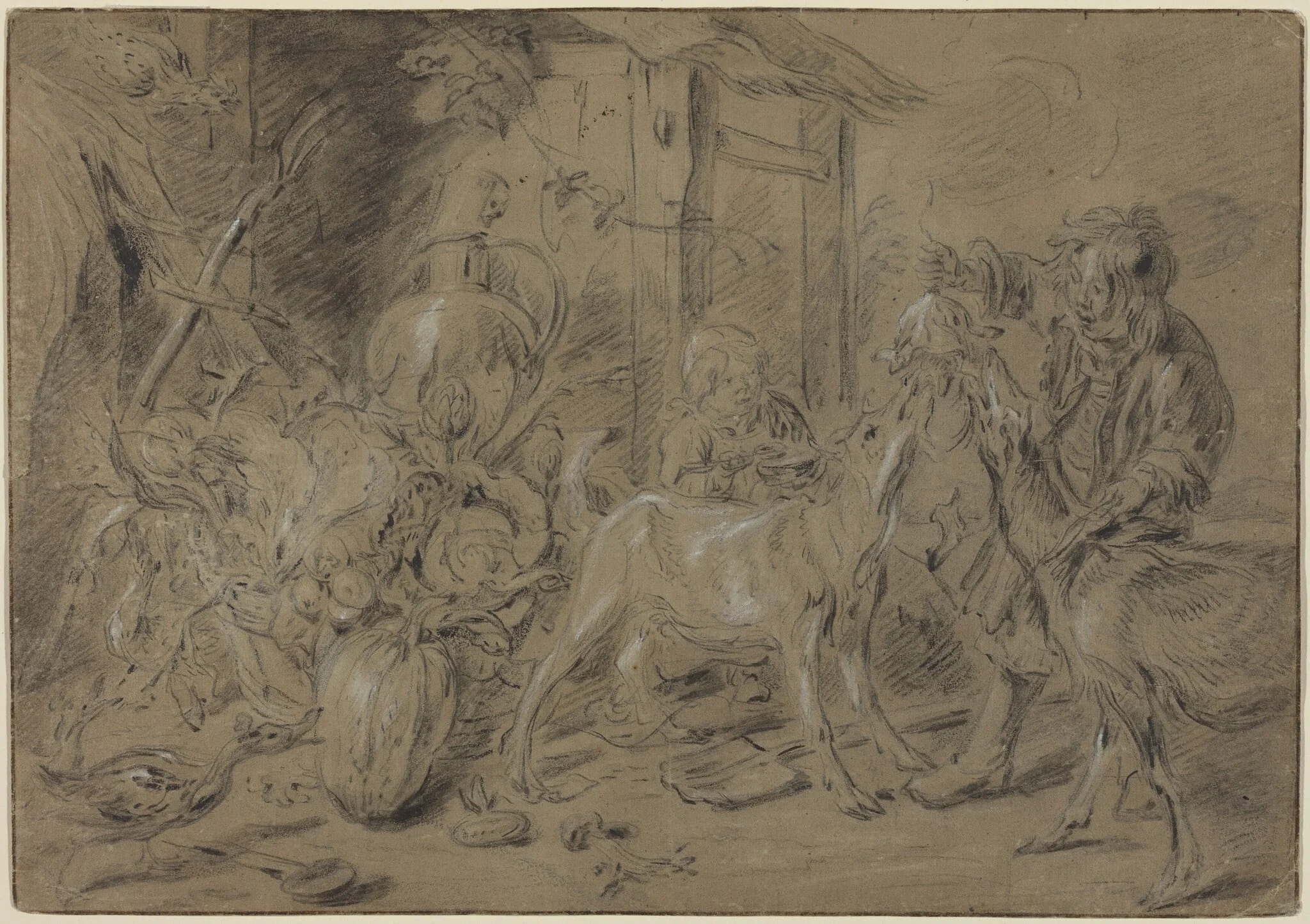 Still Life with Two Children Feeding Goats, by Jan Fyt, chalk, 1636