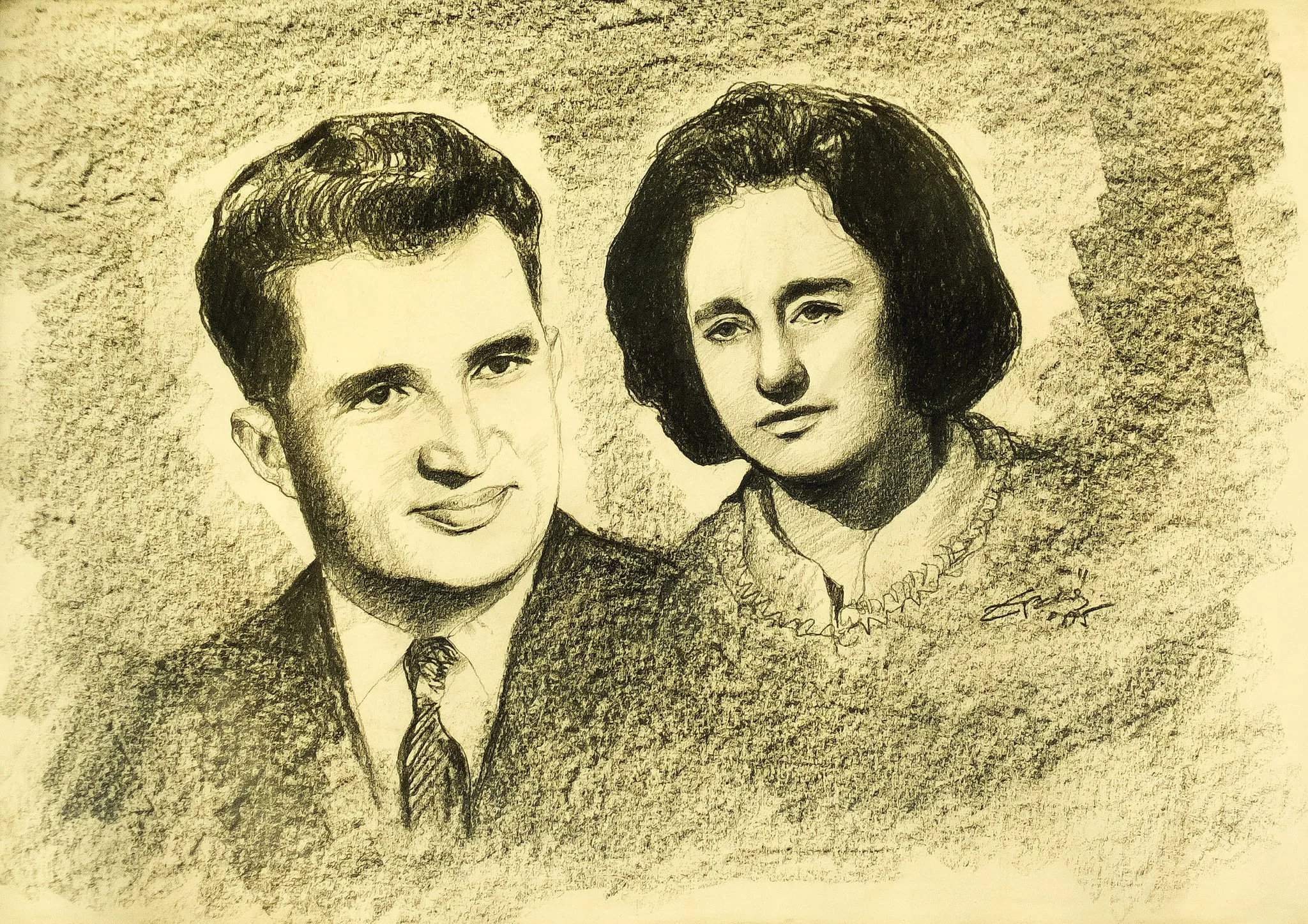 Tablou, desen în cărbune, ”Nicolae și Elena Ceaușescu”, semnat Erdoș și datat în partea dreaptă jos. Comandat și oferit de Comitetul Județean de Partid Satu Mare, 1975., by Paul Erdoș
