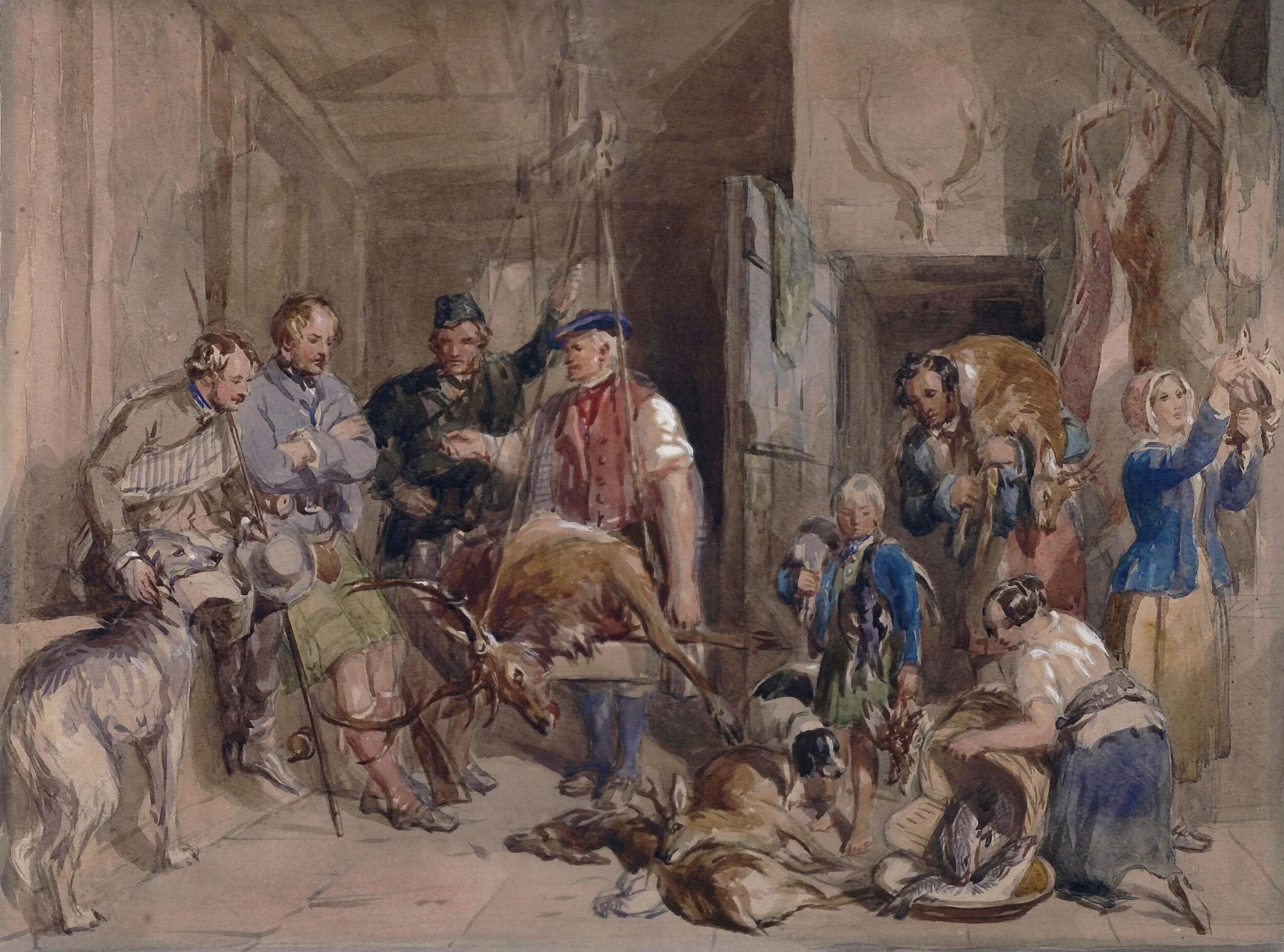 Study for Weighing the Deer, by John Frederick PRWS Tayler, watercolor, 1850