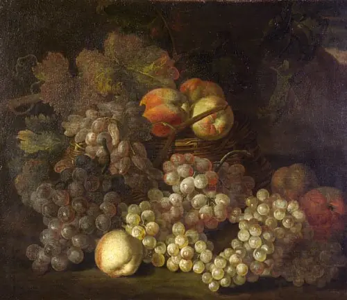 Fruit in a Wicker Basket: Grapes and Peaches
